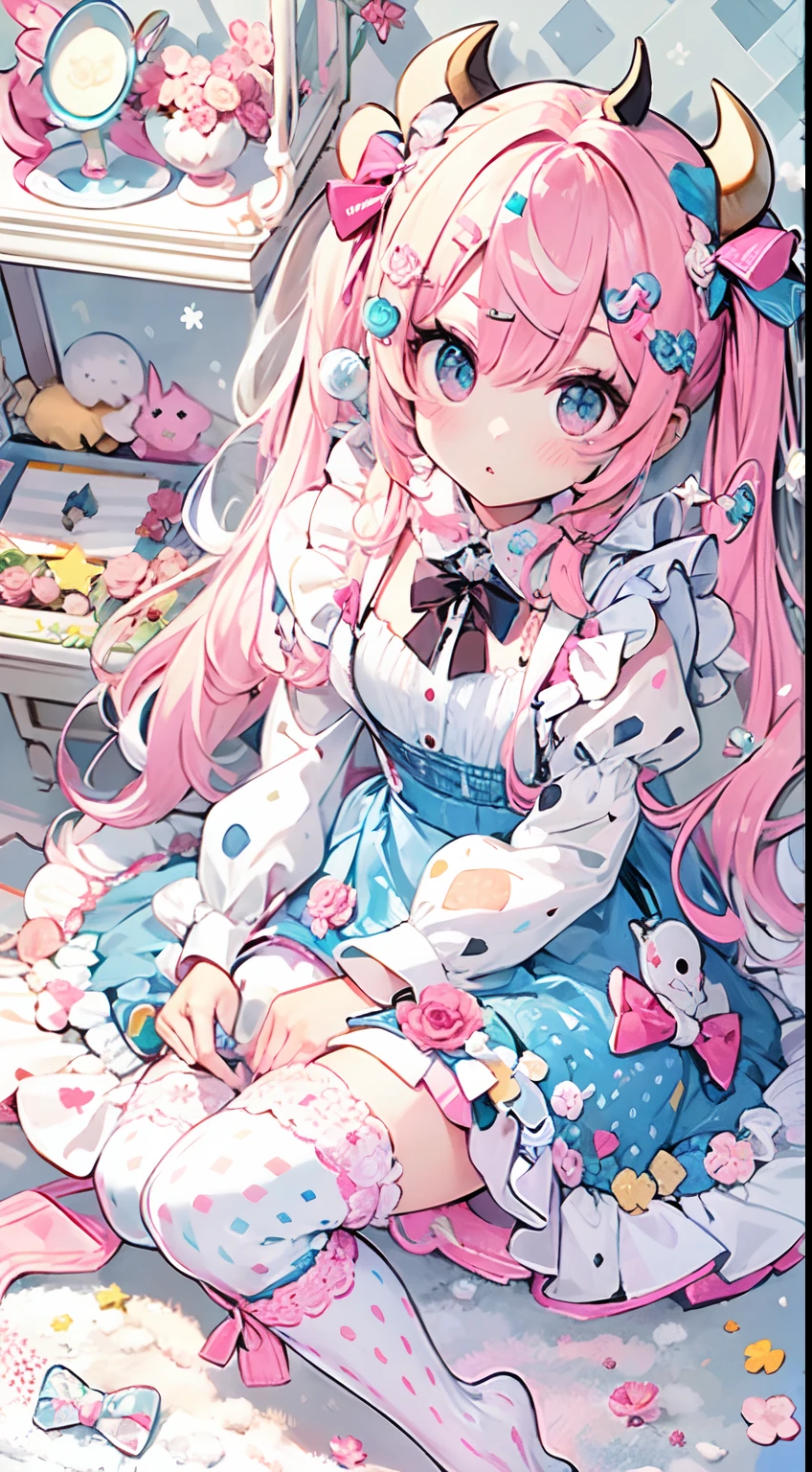 masutepiece, Best Quality, ultra-detailliert, Beautiful shading, Cinematic Rigging, studio lights, Cute, kawaii, Big eyes, Pupil flower pattern, Shaped pupil , Cute polka dots on bow, Plaid, pale pink hair，Powder Blue Pupils，Wearing pink and blue maid clothes，Snow white sweet girl,Full body, Full Shot, Horns, Small devil, Wow, Retro, hair clips, Decora, Lots of accessories