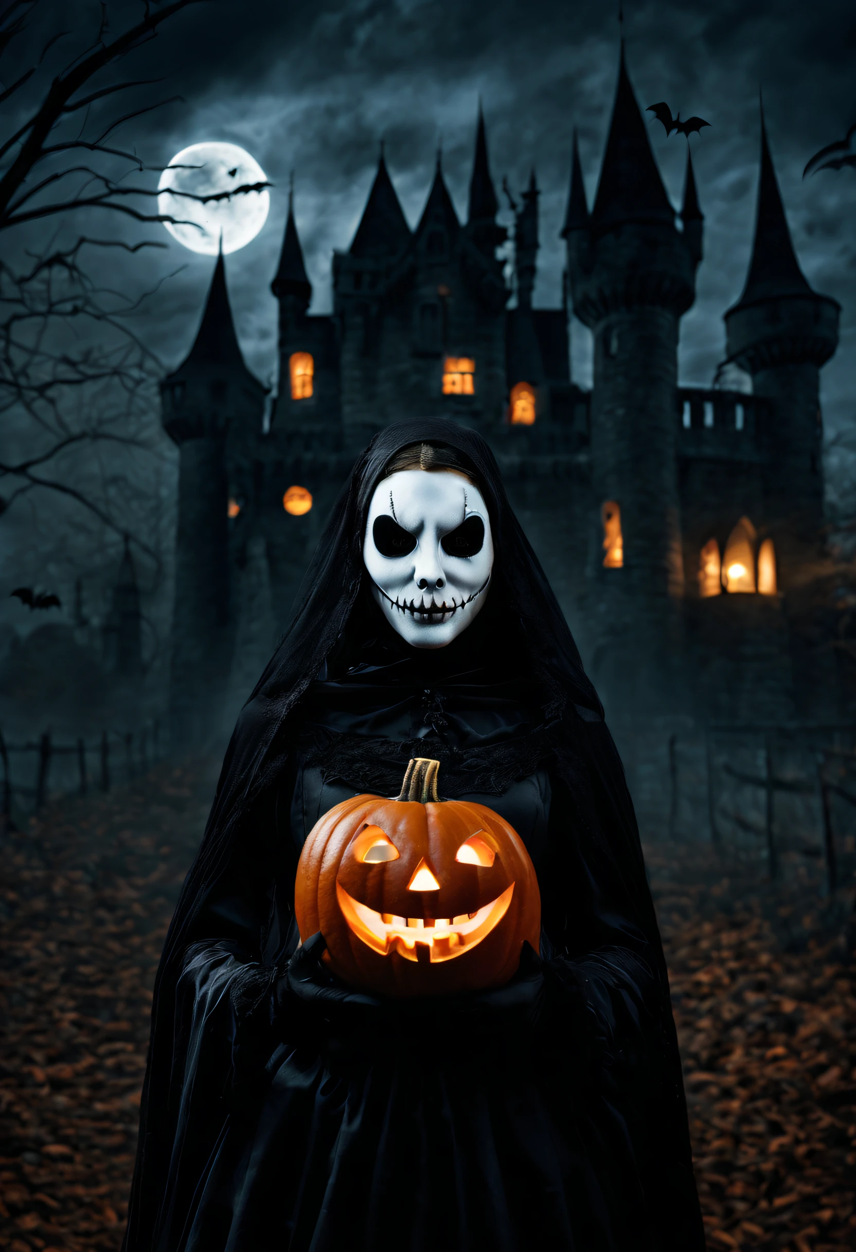 (best quality,ultra-detailed,realistic:1.37),portrait,halloween,women,ghost,detailed eyes and face,mask,women in spooky costumes,bats,castle,evil lighting,pumpkin lanterns,haunted location,creepy atmosphere,dark shadows,moonlight ambiance,surreal,haunting presence,candlelight,ethereal,gothic,macabre