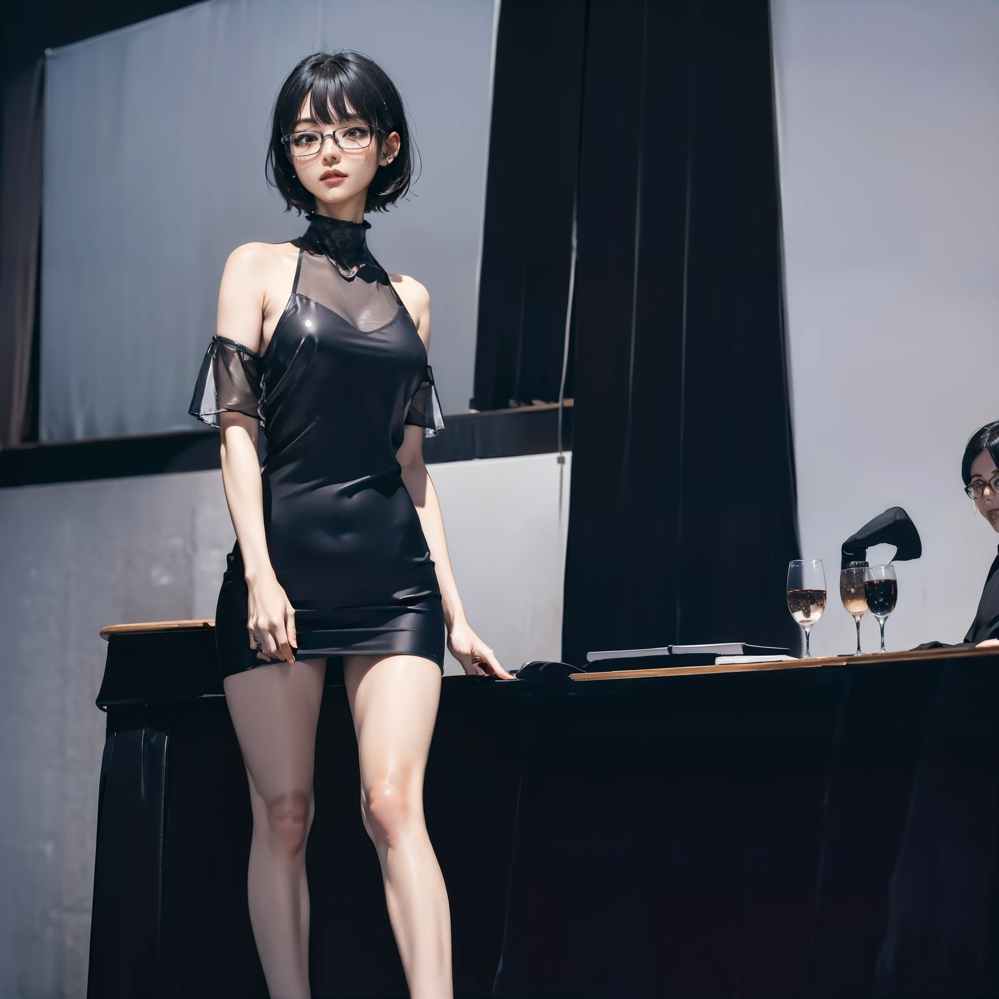 Ascii(ASCI(Masterpiece, Best Quality:1.2),Ultra-detailed,making: EdobATeamVan,(realisitic:1.5), girl, korean, long neck, black short hair, Glasses, neck muscles, a university lecture hall, See-through black short dress, age of 35