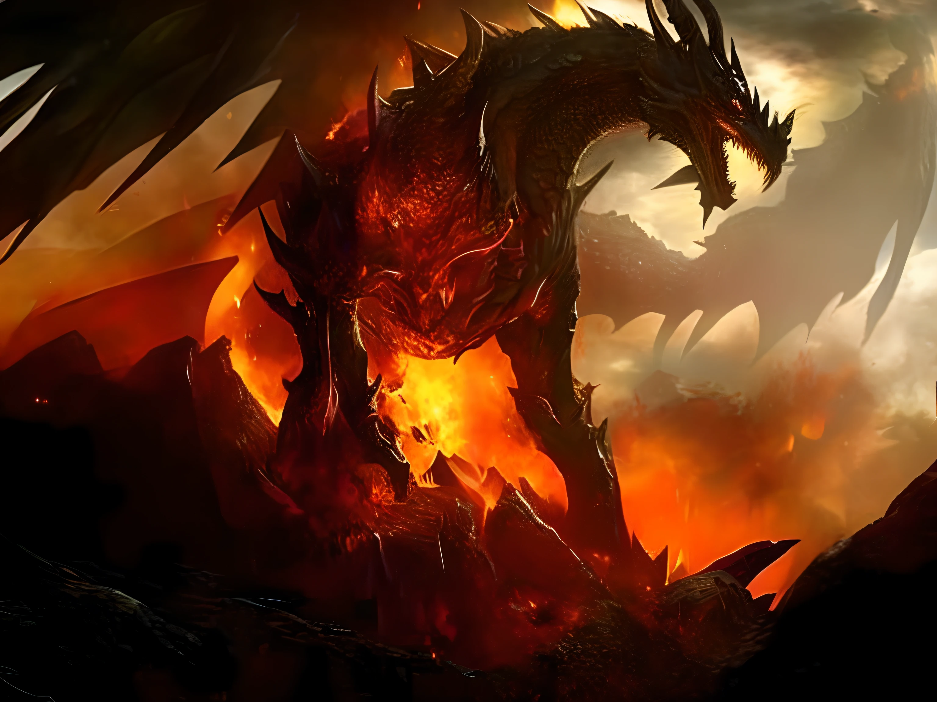 A closeup of a dragon with a fire in the background, the devil in hell as a dragon, Alduin, dragon breathing fire, fire dragon, dragon made out of molten lava, epic dragon, ''dragon breathing fire, fire flaming dragon serpent, Ancalagon o Preto, Asa da Morte, dragon blowing fire above, art of dragon, Drogon, dragon in the background