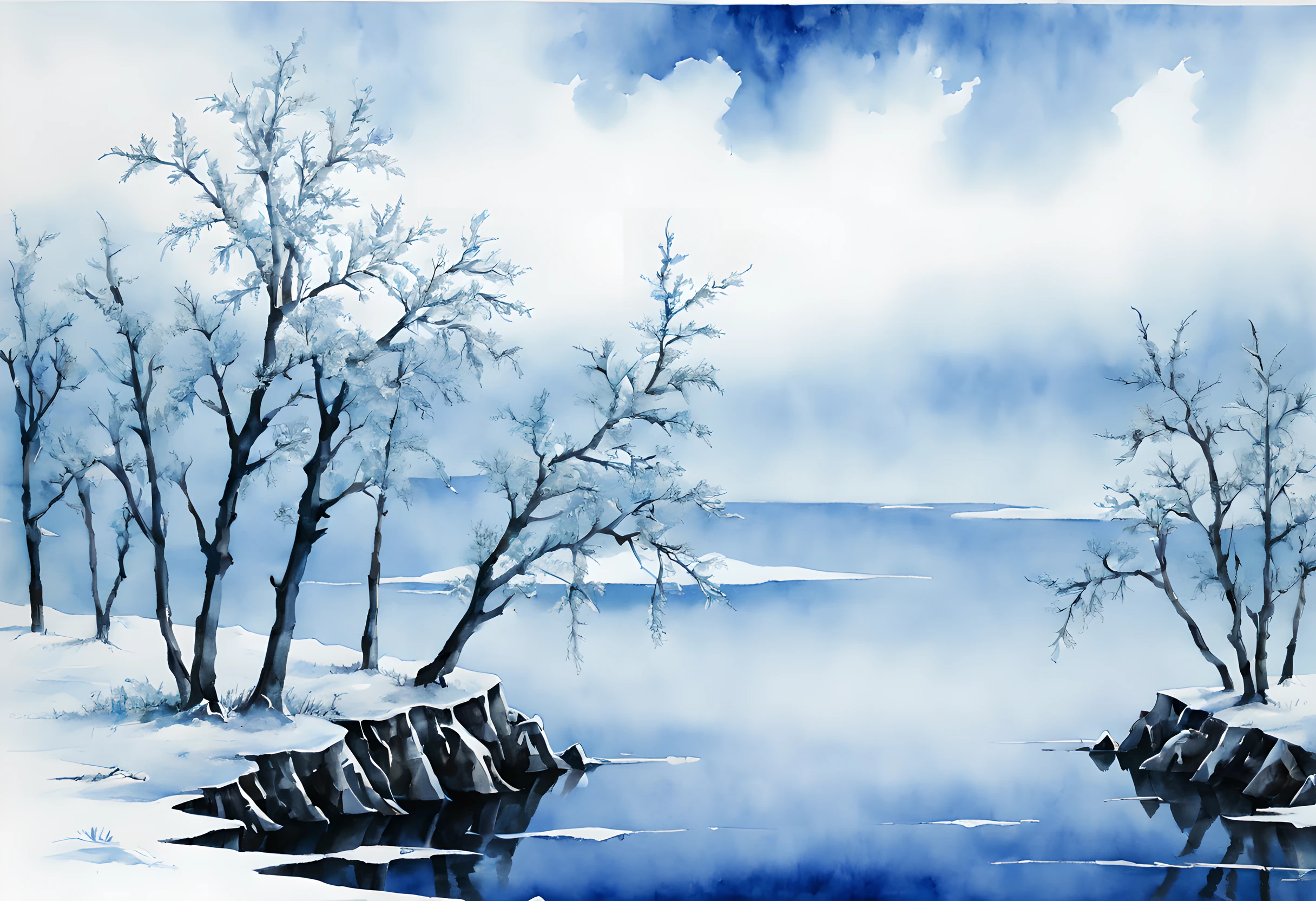 (ink and watercolor painting:1.5), (Landscape painting:1.5), (Tasteful:1.5), (lake forest:1.5), (tree:1.5), (ink and watercolor painting:1.5), (Chinese style:1.5), (rime ice:1.5), (rime ice:1.5), (ice crystals:1.5), (rime ice covered the trees:1.5), (frozen trees:1.5), (frozen lake forest:1.5), (white rime ice and blue sky morning theme:1.5), (hokkaido:1.5),