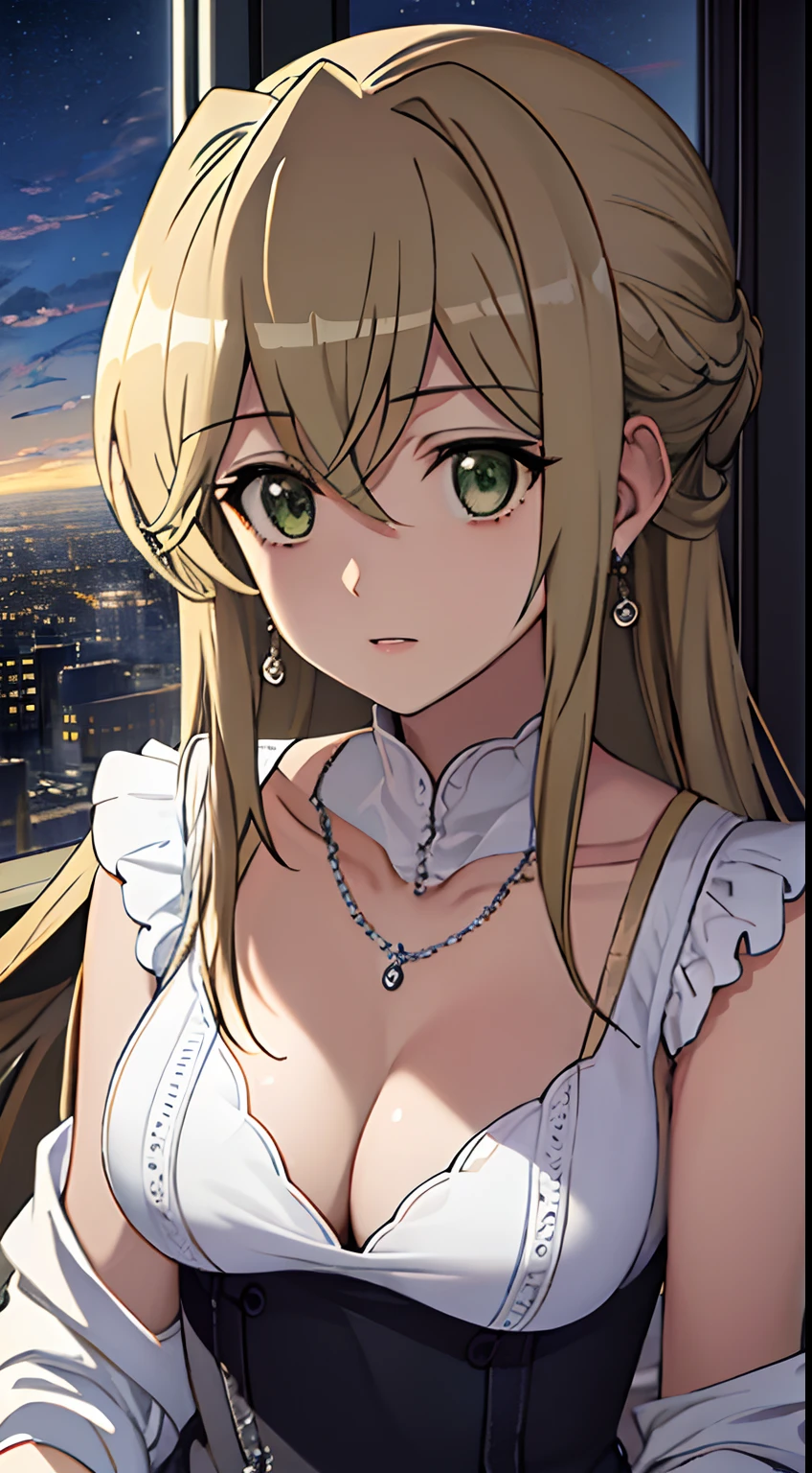 ((masterpiece, best quality)), highres, highest quallity, illustration, cinematic light, ultra detailed, detailed face, (detailed eyes), best quality, hyper detailed, masterpiece, (detailed face), large breasts, hair ornament, earrings, necklace, portrait, silver dress, revealing clothes,highest details, luminous eyes, (hotel:1.2), sitting in bed, sitting, bed, window, night sky, backlighting, light rays, (high contrast), (colorful),