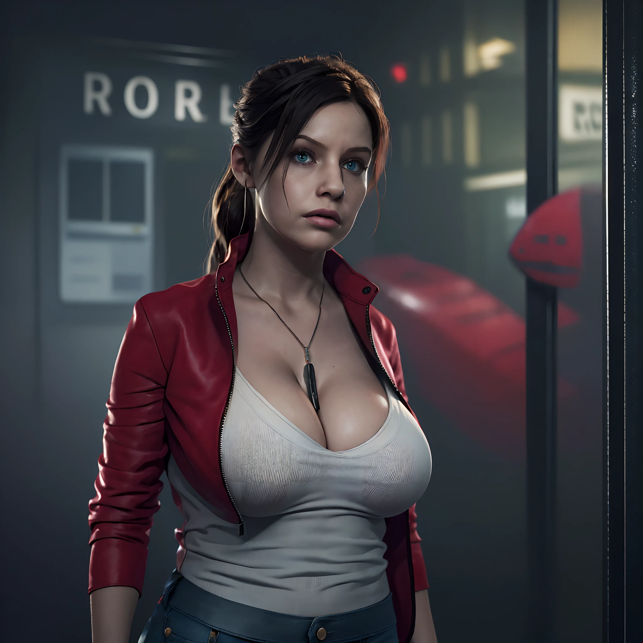 (masterpiece:1.2, Best Quality:1.2), ((Claire Redfield, super beautiful woman)), Resident evil, (Red jacket, White shirt, Long jeans, torn jeans), (Colossal tits:1.5, Huge boobs:1.5, Huge breasts:1.5, gigantic cleavage breasts:1.5), (Detailed face, Detailed skin texture, Perfect slim body), (calling at public telephone box:1.2, in public phone booth):1.2, Night, Dark atmosphere, surround by zombies,