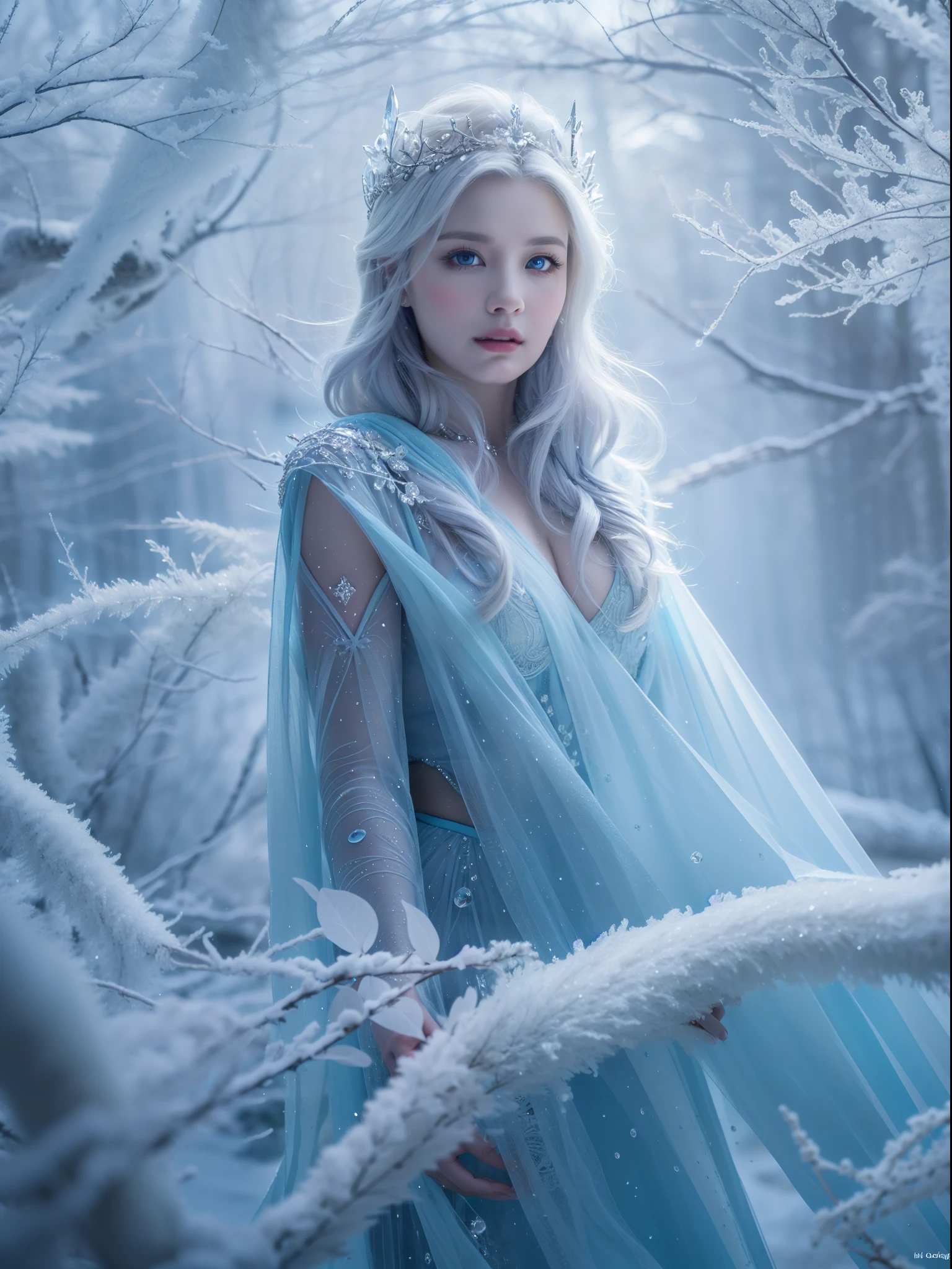 (best quality,4k,8k,highres,masterpiece:1.2),ultra-detailed,(realistic,photorealistic,photo-realistic:1.37),ice rime witch style,icy blue eye,sparkling snowflakes,frozen landscape,gown made of ice shards,mystical aura,magical ice crystals reflecting light,sharp and piercing gaze,frost-covered eyelashes,elegant and ethereal figure,ice crown on the head,delicate frost patterns on the skin,cold breath visible,icy gusts of wind swirling around,glowing ice magic in the hands,frozen branches reaching out,long silver hair shimmering like ice,eerie and haunting atmosphere,dark and mysterious forest background,moonlight casting an enchanting glow,aurora borealis dancing across the sky,alluring and powerful presence,subtle hints of ancient magic,unearthly beauty,glacial magic swirling around,crystal-clear ice palace,isolated and magical winter realm,frozen rivers and lakes,icy crystals forming intricate patterns,hooded cape flowing in the wind,elegant and graceful movements,icy spikes forming a protective barrier,snow-covered footsteps leading to the unknown,deep blue eyes shining with wisdom and power,chilling yet mesmerizing persona.