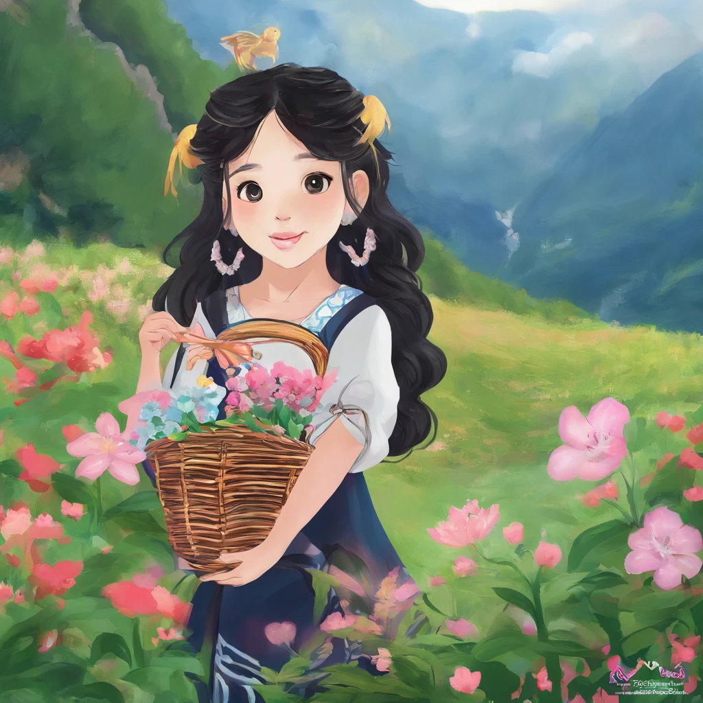 A Zhuang girl，Black hair，with a round face，largeeyes，The mouth smiles，Carry a basket full of fragrant cakes and flowers，I came to the foot of Oxhorn Mountain，I saw the mountains surrounded by mountains，surrounded by cloud，It's like a fairyland。