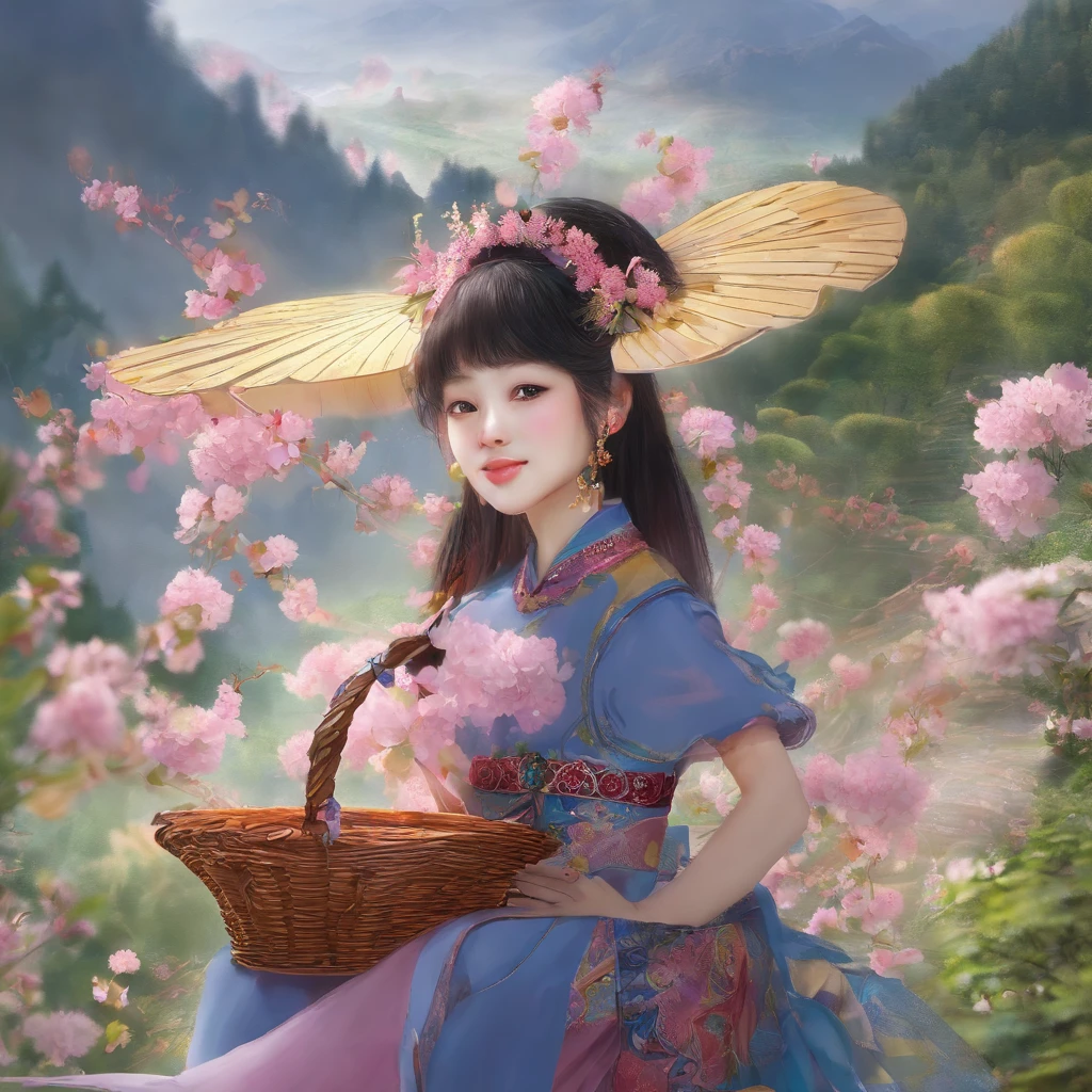 A Zhuang girl，Black hair，with a round face，largeeyes，The mouth smiles，Carry a basket full of fragrant cakes and flowers，I came to the foot of Oxhorn Mountain，I saw the mountains surrounded by mountains，surrounded by cloud，It's like a fairyland。