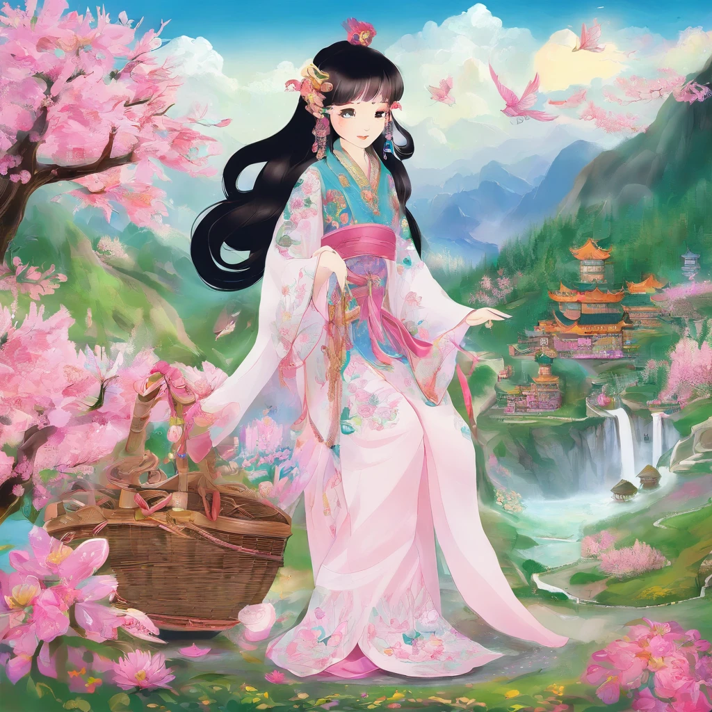 A Zhuang girl,Black hair,with a round face,largeeyes,The mouth smiles,Carry a basket full of fragrant cakes and flowers,I came to the foot of Oxhorn Mountain,I saw the mountains surrounded by mountains,surrounded by cloud,It's like a fairyland。