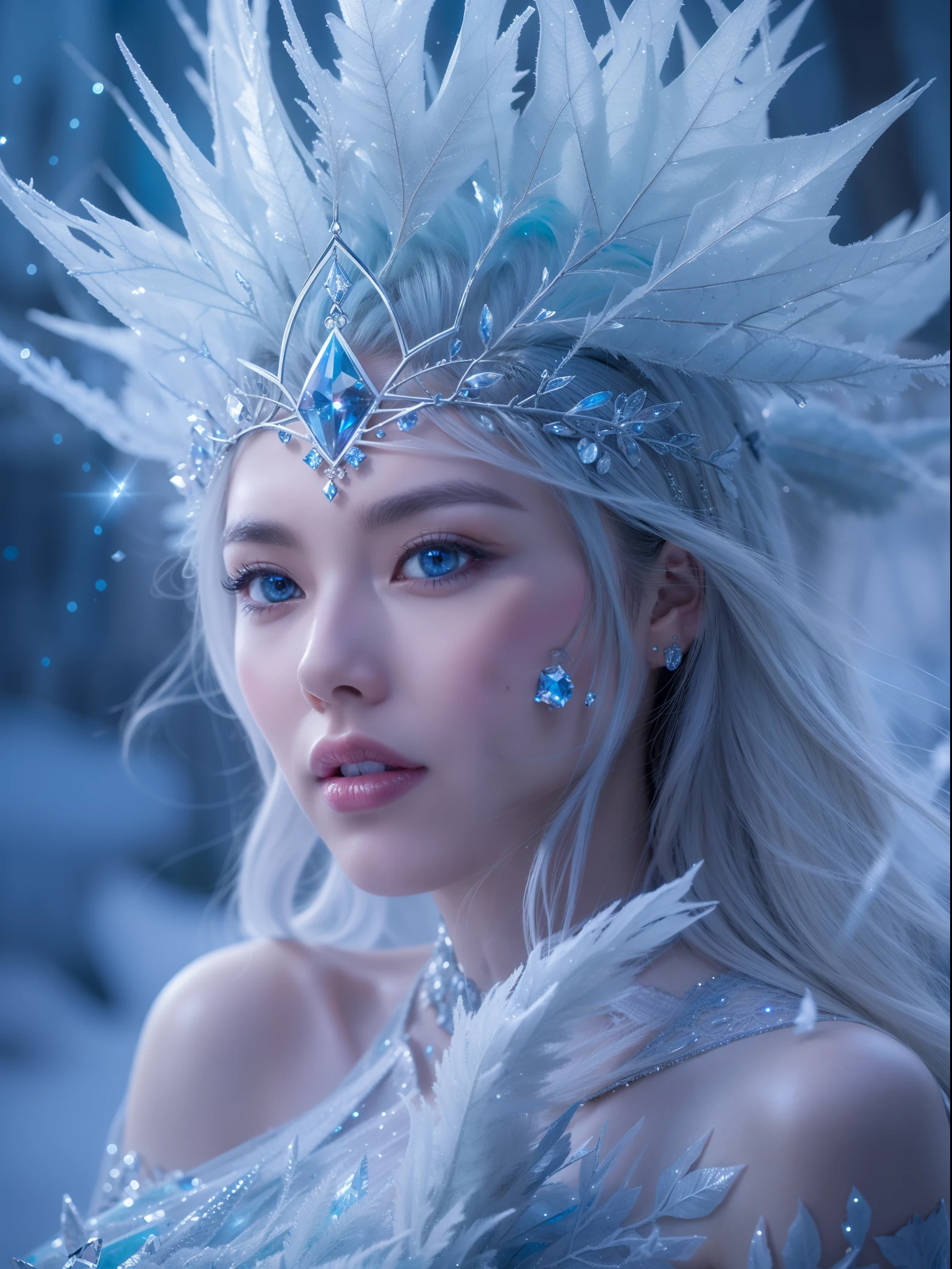 (best quality,4k,8k,highres,masterpiece:1.2),ultra-detailed,(realistic,photorealistic,photo-realistic:1.37),ice rime witch style,icy blue eye,sparkling snowflakes,frozen landscape,gown made of ice shards,mystical aura,magical ice crystals reflecting light,sharp and piercing gaze,frost-covered eyelashes,elegant and ethereal figure,ice crown on the head,delicate frost patterns on the skin,cold breath visible,icy gusts of wind swirling around,glowing ice magic in the hands,frozen branches reaching out,long silver hair shimmering like ice,eerie and haunting atmosphere,dark and mysterious forest background,moonlight casting an enchanting glow,aurora borealis dancing across the sky,alluring and powerful presence,subtle hints of ancient magic,unearthly beauty,glacial magic swirling around,crystal-clear ice palace,isolated and magical winter realm,frozen rivers and lakes,icy crystals forming intricate patterns,hooded cape flowing in the wind,elegant and graceful movements,icy spikes forming a protective barrier,snow-covered footsteps leading to the unknown,deep blue eyes shining with wisdom and power,chilling yet mesmerizing persona.