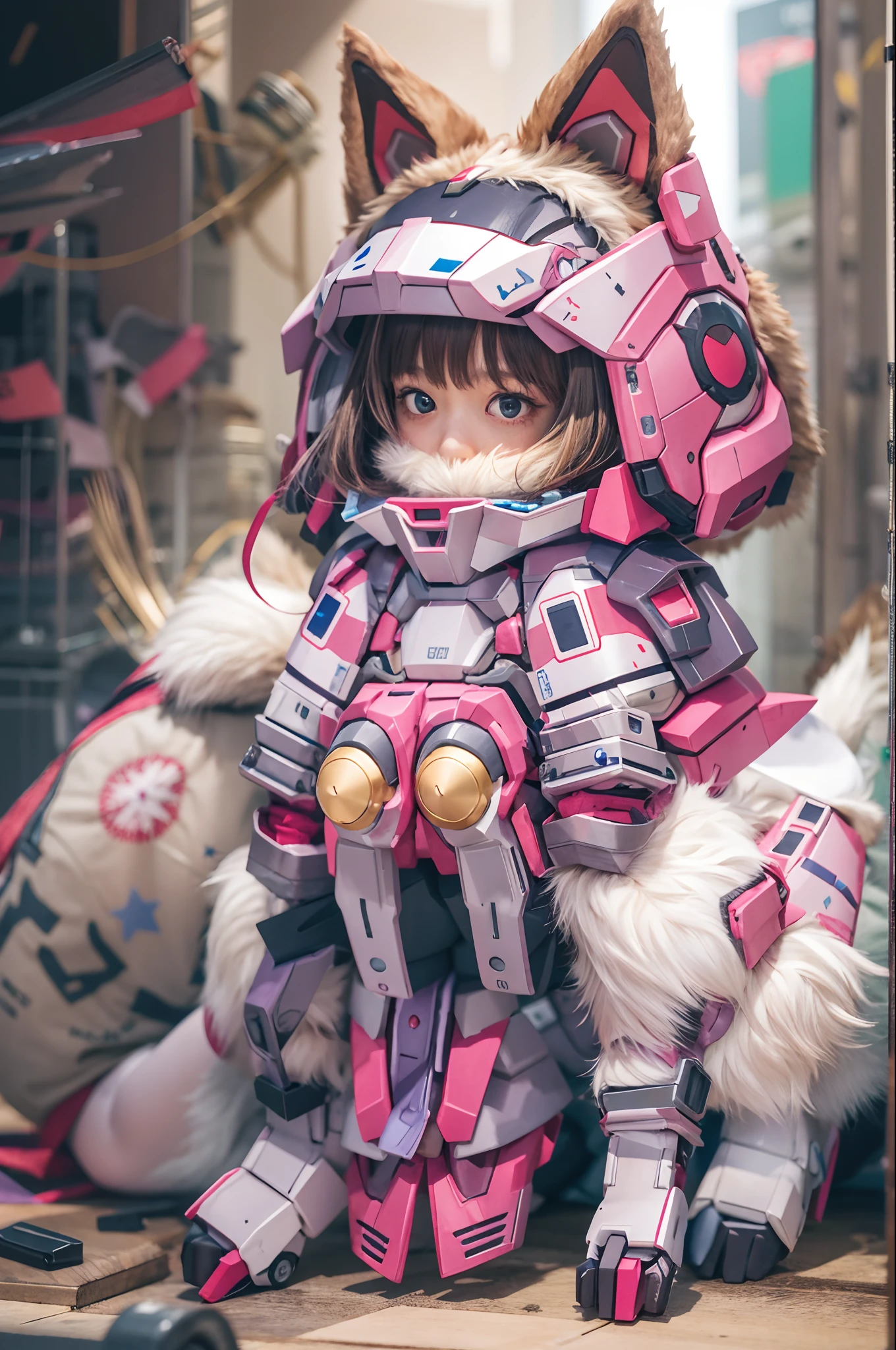 1 supercute girl in kitty wear a origami gundam armor,fur