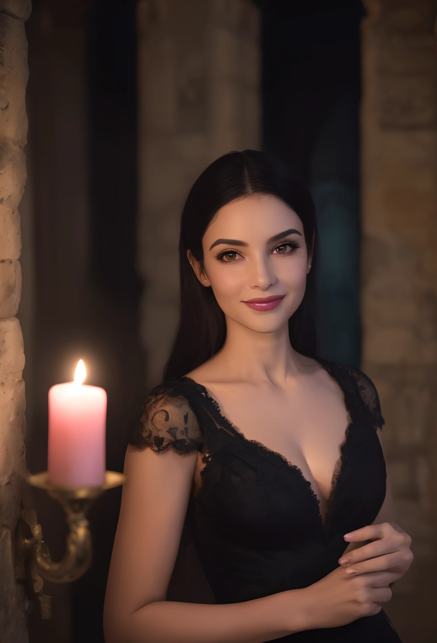 mulher alta, cabelos pretos, Pele rosa, sorriso maligno, muito lindo, usando um vestido preto na sala de um castelo, segurando uma vela, at night