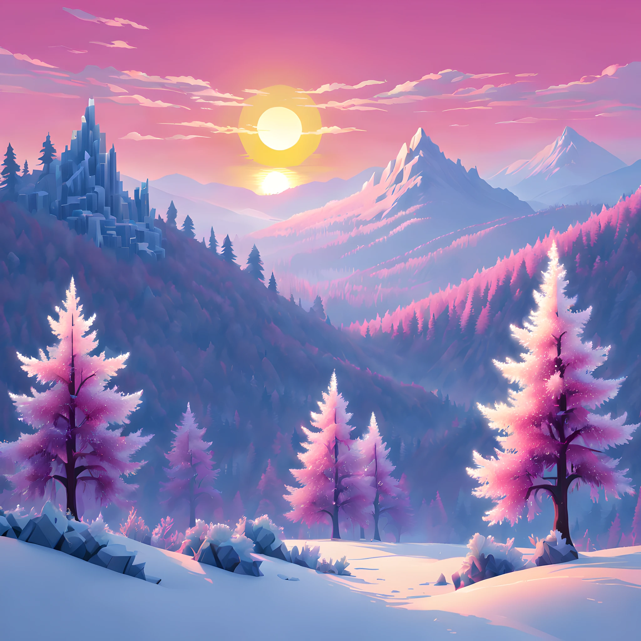 (Pixel art:1.5), (Rime Ice;1.3), (frozen trees:1.3), (alpine zone:1.3), (rime ice covered trees along skyline:1.3), (rime ice and snow:1.5), (sunrise:1.5),(sunrise magenta light:1.3),(morning glow:1.3)