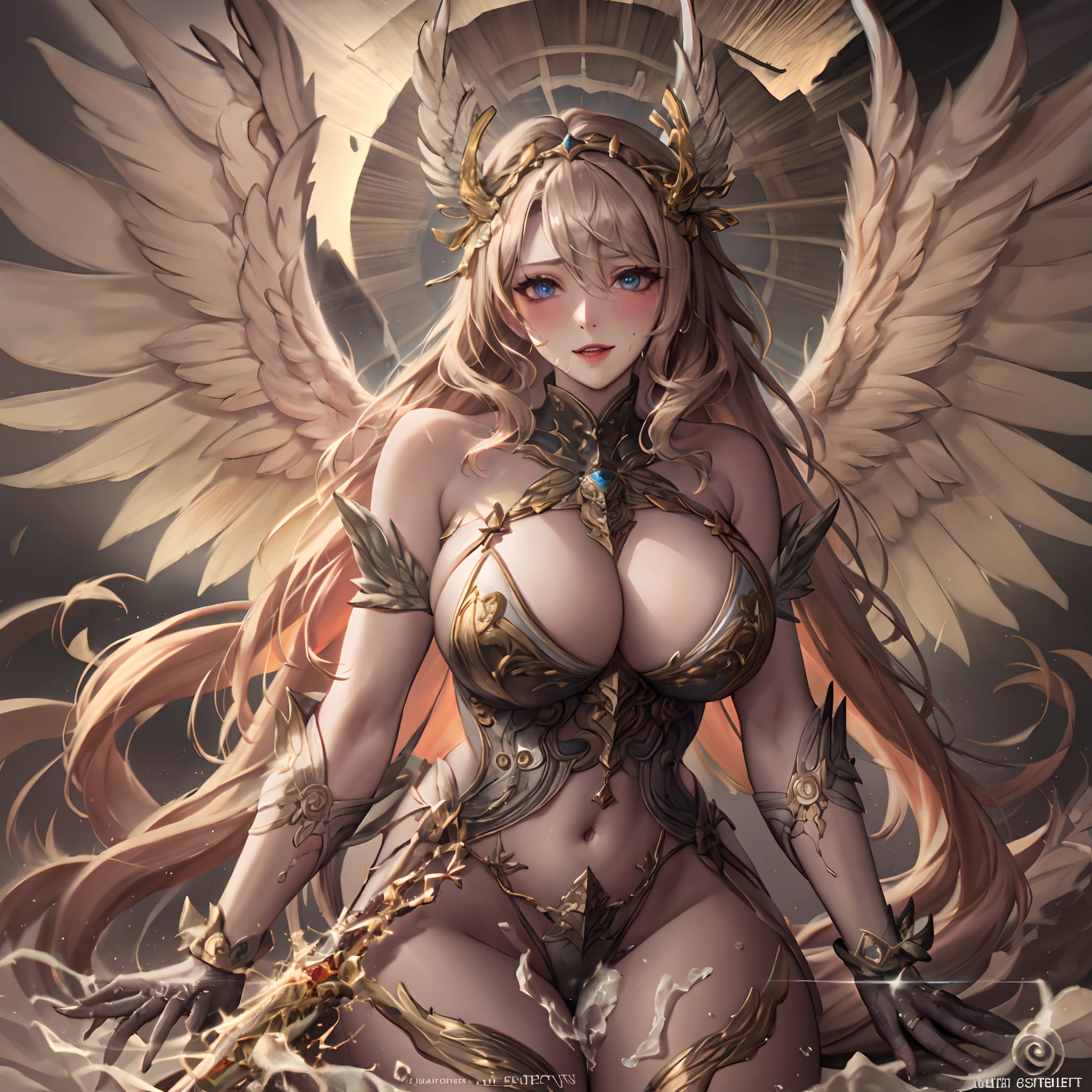 Quality over 8K, a female angel,Sexy,Long Blonde Hair,Anime,Goddess,Symmetrical blue eyes,Ultra detailed eyes,Transparent lingerie,forest,Sword,golden wings,Full body,hyperdetailed lips, hyperdetailed face, Double eyelids, Ultra Detailed feet,で,Beautiful legs,Tight boots,Full Leg Priestess、valkyrie、Angel wings、a navel、sideboob barbosa、with an intricate、Particles of light、thighs thighs thighs thighs、shinny skin、Perfect litthing、1girl in、looking at the viewers、Winged headgear、pelvis curtain、A smile、(​masterpiece)、(top-quality)、Very gigantic-breasts、maternal、Porcelain Skin、honey blonde hair、Very long hair、hair wavy(valkyrie,Paladin:0.6),Angel wings,with an intricate, Perfect Lighting,  Looking at Viewer,(masutepiece), (Best Quality)(valkyrie,Paladin:0.6),Angel wings,with an intricate, Perfect Lighting,  Looking at Viewer,(masutepiece), (Best Quality)(ValkyrieArmor:0.5),(Winged headgear:1.1),School Girl,,with an intricate, Perfect Lighting, 1girl in, Ponytail, Looking at Viewer, Smile, snulight,creek,blazing(masutepiece), (Best Quality),thighs thighs thighs thighs 、a beauty girl，red color mecha，As graceful as a swan，Enchanting，Long grey hair，Red body，Fluorescence line，White hands，lab room，FutureTech，Red indicator light on the body，Full body photo，standing on your feet，dreamy scene，，dyna，super detailing，Cell shade，8K detail post-processing，magnifica，hyperphotorealism，8K，epic composition，intricate-detail，unrealengine，Flying，Laser Cannon，Holy Angel Mecha，Mechanical exoskeleton，whaite hair，golden pupils，flower  sea，Eventide，Angel Maiden，Angel wings，White long skirt，war，Top quality combat stance, 4K, masutepiece :1.3), short petite pretty woman, Blue-haired、Curly hair、length hair、Colossal 、 Ultra-detailed face、maid clothes、Detailed eyes, sluttish, Pose ,  Smooth skin, (huge-breasted), Round breasts、red blush。kawaii、Shy、1 Crying face、nightcity、Sateen、Kimono without sleeves、A dark-haired、Holding a weapon with blood on it、Looking at the camera、Cherry blossoms are d