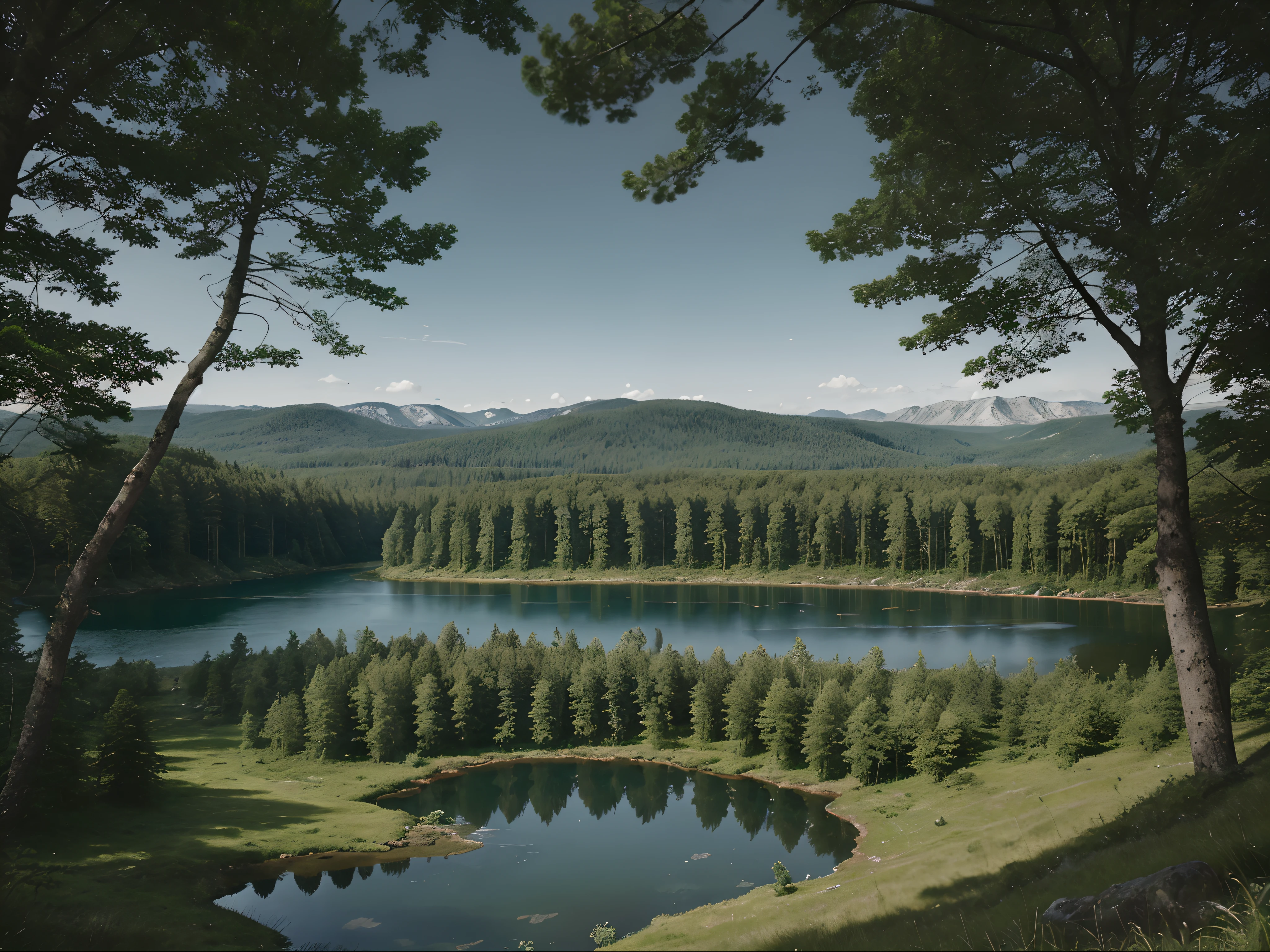 Peaceful lakes surrounded by forests.
