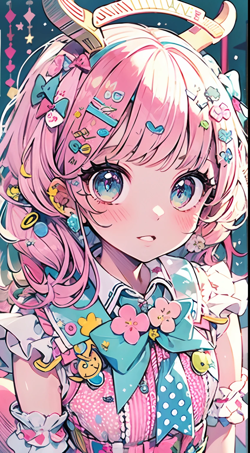 masutepiece, Best Quality, ultra-detailliert, Beautiful shading, Cinematic Rigging, studio lights, Cute, kawaii, Big eyes, Pupil flower pattern, Shaped pupil , Cute polka dots on bow, Plaid, pale pink hair，Powder Blue Pupils，Wearing pink and blue maid clothes，Snow white sweet girl,Full body, Full Shot, Horns, Small devil, Wow, Retro, hair clips, Decora, Lots of accessories