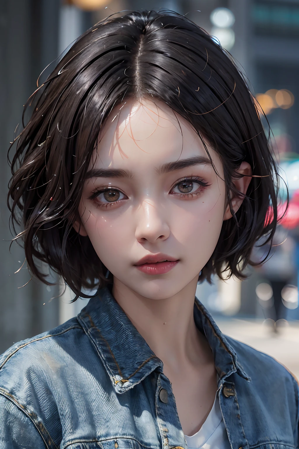 (Forehead, denim jacket, scowling, Short hair, Black hair, eyes liner:1.3), (Masterpiece, Best quality, Beautiful quality), (Photorealistic:1.4), (Detailed lighting, Extremely detailed skin, Extremely detailed hair, Shadows, 8K, Jihyo photo, 1girll:1.2), view the viewer, (high key lighting), Masterpiece, Top quality, Best quality, offcial art, Unity 8k wallpaper, A high resolution, Ultra-high RES, Ultra-detailed, Beautiful and aesthetic