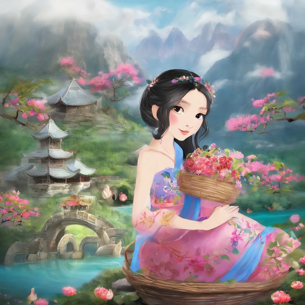 A Zhuang girl，Black hair，with a round face，largeeyes，The mouth smiles，Carry a basket full of fragrant cakes and flowers，I came to the foot of Oxhorn Mountain，I saw mountains surrounded by mountains，surrounded by cloud，It's like a fairyland。