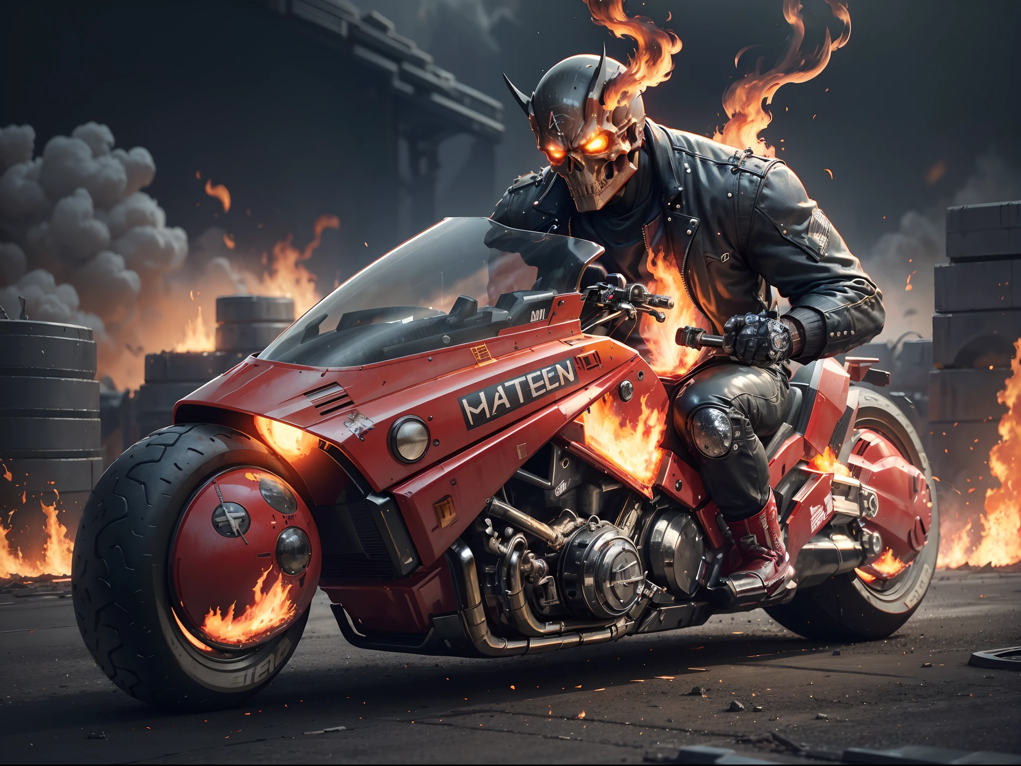 (offcial art, Unity 8k wallpaper, Ultra-detailed, Beautiful, Masterpiece, Best quality, 1.4x more realistic), (Superhero Ghost Rider, skull: 1.5), There was a fire in his eyes, The corpse was wrapped in burning chains, Titanium chains and the future technology of motorcycles, Icy bodywork, Ghost Rider rides a futuristic black motorcycle, Gallop on a burning fire, The entire motorcycle caught fire and burned down, fire element, Composed of fire elements, volcanoes, Burning cyberpunk cityscape, Armageddon, Epic screen, Anatomically correct, Textured skin.