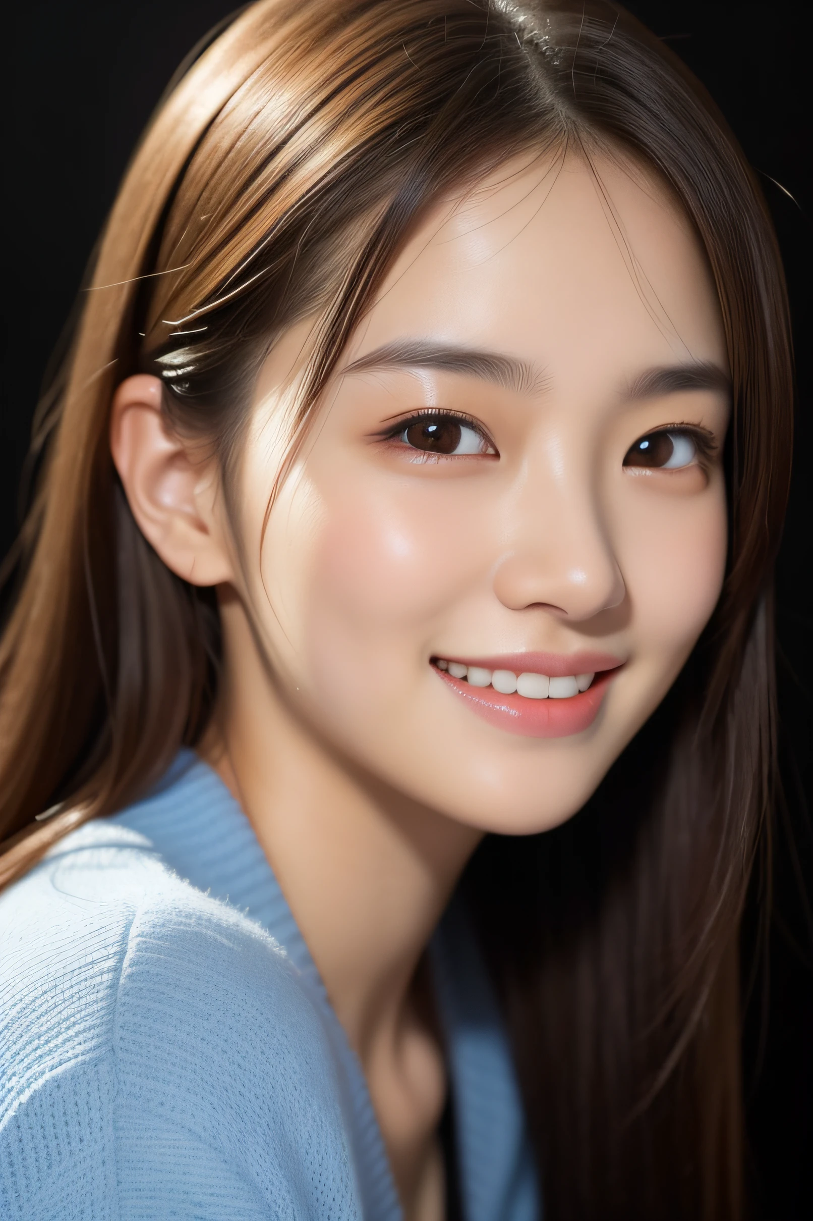 1 girl, Close-up of the face、 (Photo Real:1.4), (hyper realisitic:1.4), (Smooth lighting:1.05), 22 years old, Realistic lighting, Back lighting, (cheerfulness:1.2),  (Finest Real Textured Skins), Narrow-eyed, Super fine face, (look at me with a serious expression), posing Gravure Idol, glowy skin, retinas, anatomically correct, accurate, Super Detail, Textured skin, High quality, high details, Best Quality, high resolution,
