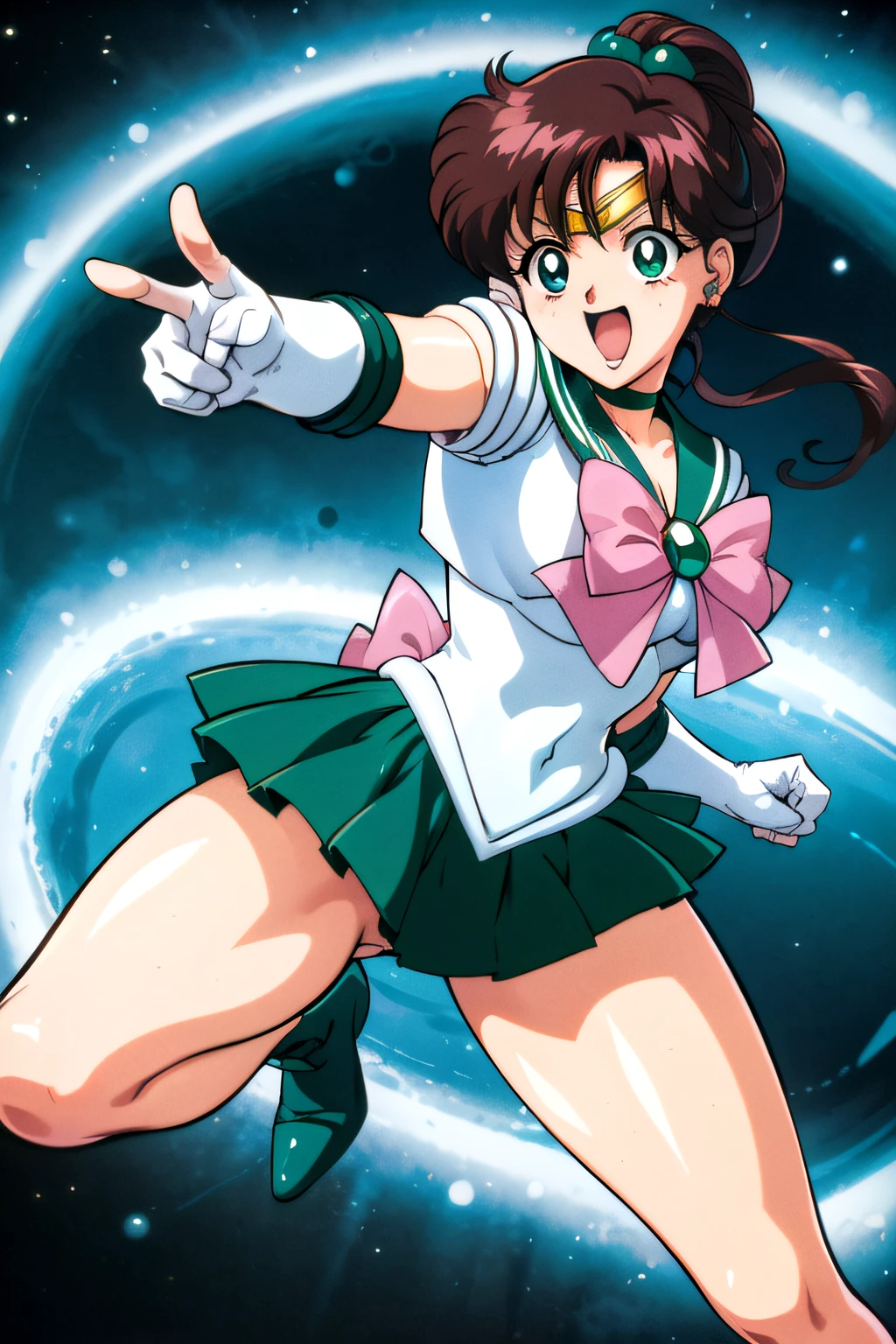 (top-quality:1.3), (​masterpiece:1.4),(Anatomically correct), (Full limbs),(complete fingers),(Precise fingertips), (Fine details),(8K),Photorealista,Sailor Moon!!!!!!!!, Sailor Moon Style,by Sailor Moon, Sailor Senshi Uniform,(the sailor jupiter:1.37),aqua eyes,brown haired,poneyTail,Green Choker,Green boots,(Pink ribbon:1.2),(Super Detail),(90s Anime,9 0 s anime,9 0 s anime style,anime cels,cel shaded anime),
(Dynamic Boxing Pose:1.25), 1 girl, Beautiful face, Intense lighting),raw, 1 girl, ((rage)), Color Theme Red, Dramatic light, Violence Everywhere, (joyous expression:1.4), (Raging Eyes:1.2), ),  (irate:1.4), magician, spell magic, Magic Circle, ((magic in hand)),(using light magic:1.14),water magic, imaginative overlays, artistic fusion,fantastical scenes, evocative narratives, striking visuals,