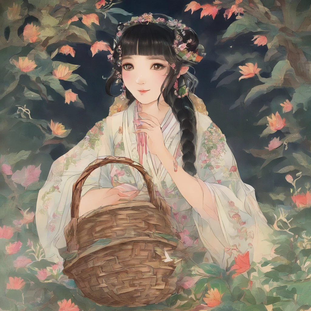 A Zhuang girl，Black hair，with a round face，largeeyes，The mouth smiles，Carry a basket full of fragrant cakes and flowers，I came to the foot of Oxhorn Mountain，I saw mountains surrounding，surrounded by cloud，It's like a fairyland。