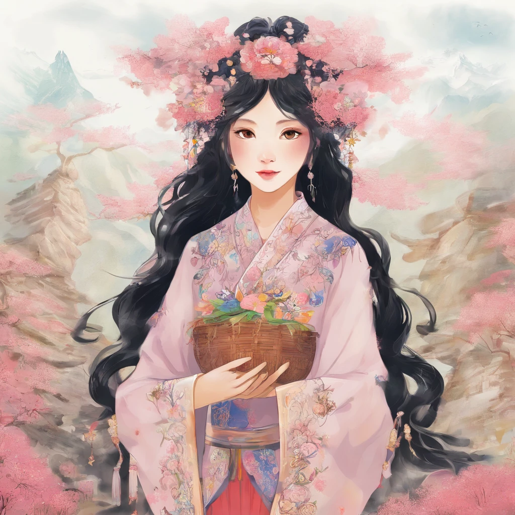 A Zhuang girl,Black hair,with a round face,largeeyes,The mouth smiles,Carry a basket full of fragrant cakes and flowers,I came to the foot of Oxhorn Mountain,I saw mountains surrounding,surrounded by cloud,It's like a fairyland。