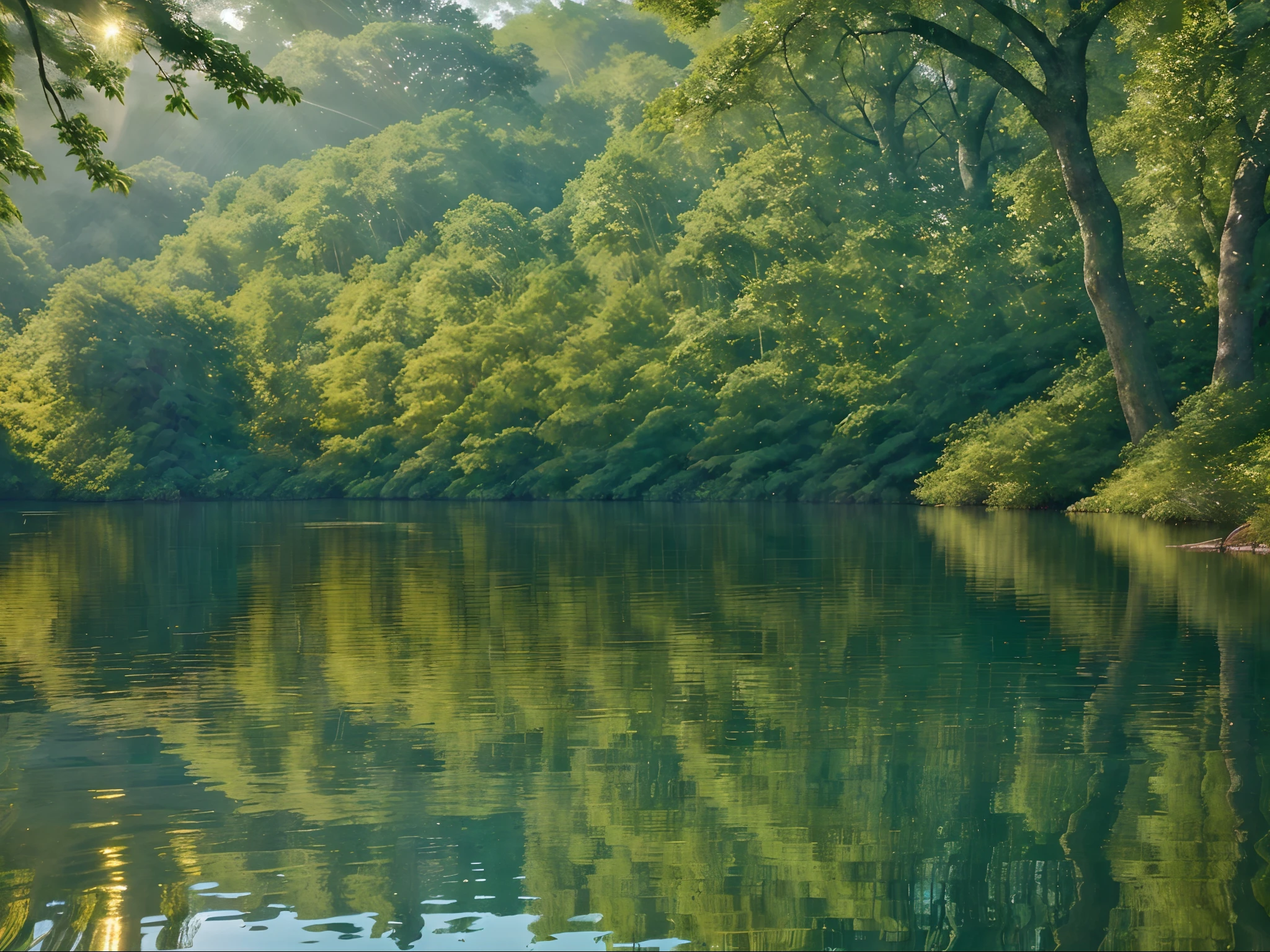 Tranquil bodies of water nestled amidst lush, verdant woodlands. The lakes appear serenely undisturbed, mirroring the towering trees that encircle them. In this exquisite photograph, the pristine lakes glisten under the golden sunlight that pierces through the foliage, creating a mesmerizing play of light and shadow. The crystal-clear waters reflect the vibrant shades of green, showcasing a harmonious blend of nature's splendor. Every minute detail is captured with remarkable clarity, inviting the viewer to immerse themselves in the peaceful oasis depicted in this breathtaking image.