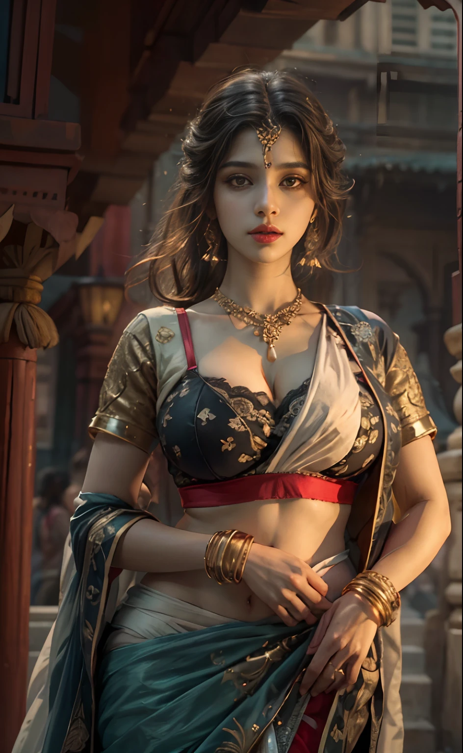 walking in a moonlit courtyard, exotic girl, indian, looking at the viewer, shining skin, perfect lighting, the embodiment of grace and elegance, (saree and bra), (Big Tits:1.5), cleavage, clear curvy details, beautiful curves, detailed eyes, detailed pupil, volumetric lighting, Ultra Detailed, unity 8k wallpaper, ultra detailed, aesthetic, masterpiece, best quality, photorealistic