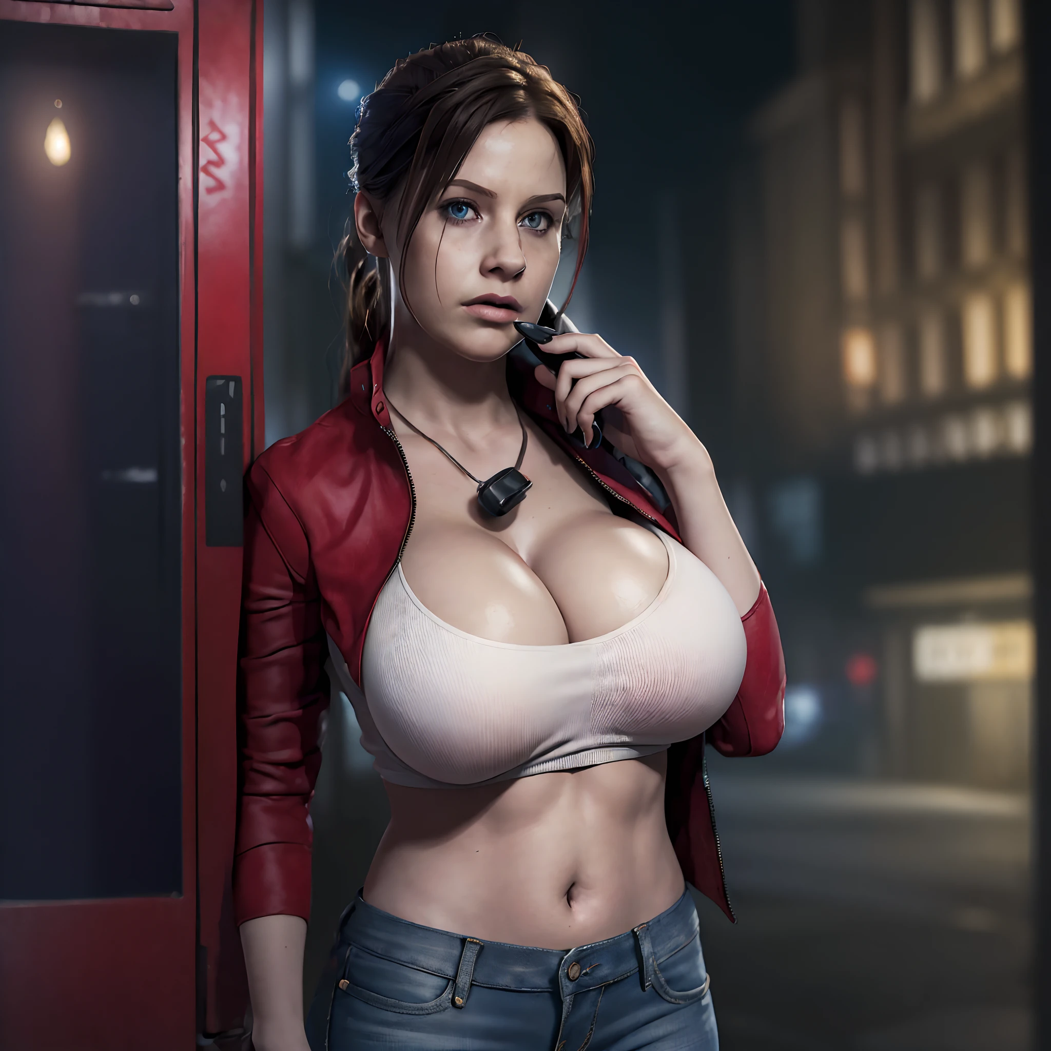 (masterpiece:1.2, Best Quality:1.2), ((Claire Redfield, super beautiful woman)), Resident evil, (Red jacket, White shirt, Long jeans, torn jeans), (Colossal tits:1.5, Huge boobs:1.5, Huge breasts:1.5, gigantic cleavage breasts:1.5), (Detailed face, Detailed skin texture, Perfect slim body), (calling at public telephone box:1.3, in public phone booth:1.3), Night, Dark atmosphere,