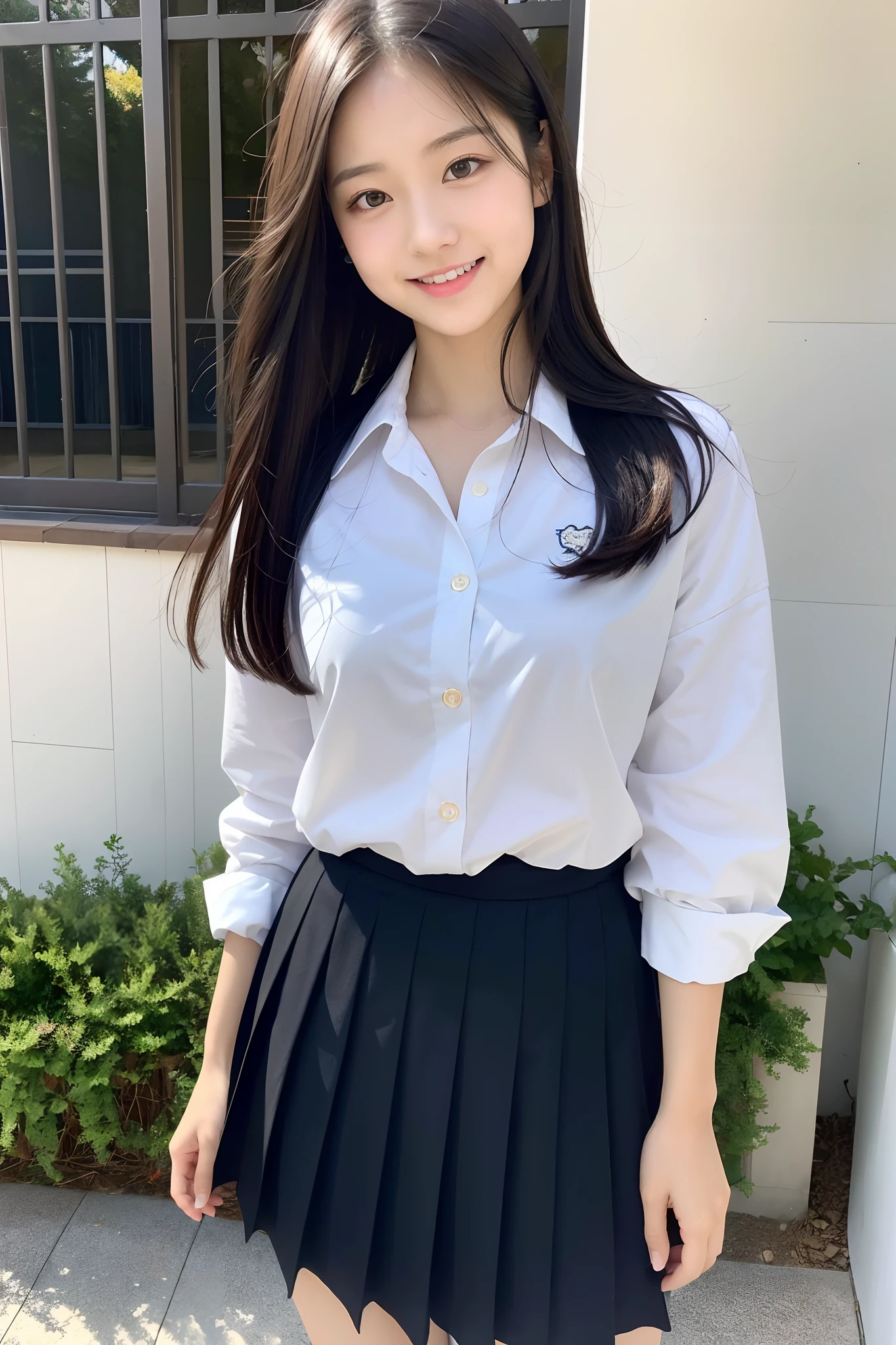 (masutepiece:1.3), (8K, Photorealistic, Raw photo, Best Quality: 1.4), Japanese, (1girl in), Beautiful face, (Realistic face), (Black hair), Beautiful hairstyle, Realistic eyes, Beautiful detailed eyes, (Realistic skin), Beautiful skin, Attractive, 超A high resolution, A hyper-realistic, Highly detailed, Golden ratio,School uniform.)、1girll、cute little、A smile、a closed mouth、Beautiful details、Beautiful nose in every detail、full body Esbian、wetting hair、Colossal Dalsepho、pork meat、student clothes、thighs thighs thighs thighs