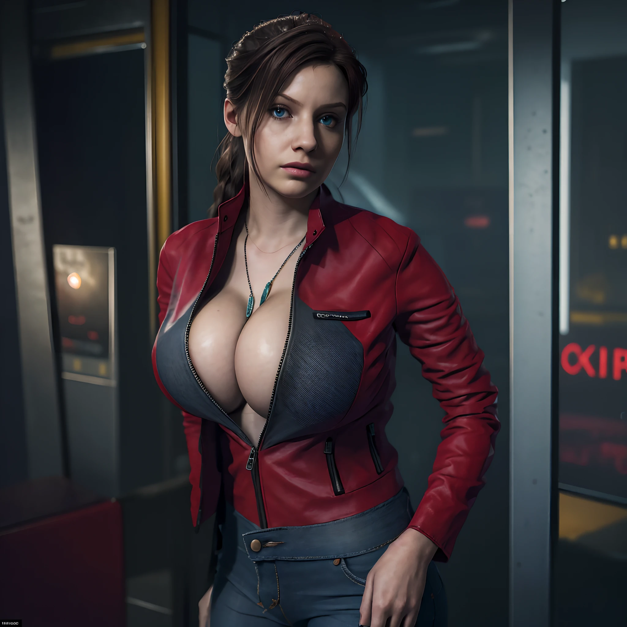 (masterpiece:1.2, Best Quality:1.2), ((Claire Redfield, super beautiful woman)), Resident evil, (Red jacket, White shirt, Long jeans, torn jeans), (Colossal tits:1.5, Huge boobs:1.5, Huge breasts:1.5, gigantic cleavage breasts:1.5), (Detailed face, Detailed skin texture, Perfect slim body), (in abandoned convenience store:1.3), Night, Dark atmosphere,