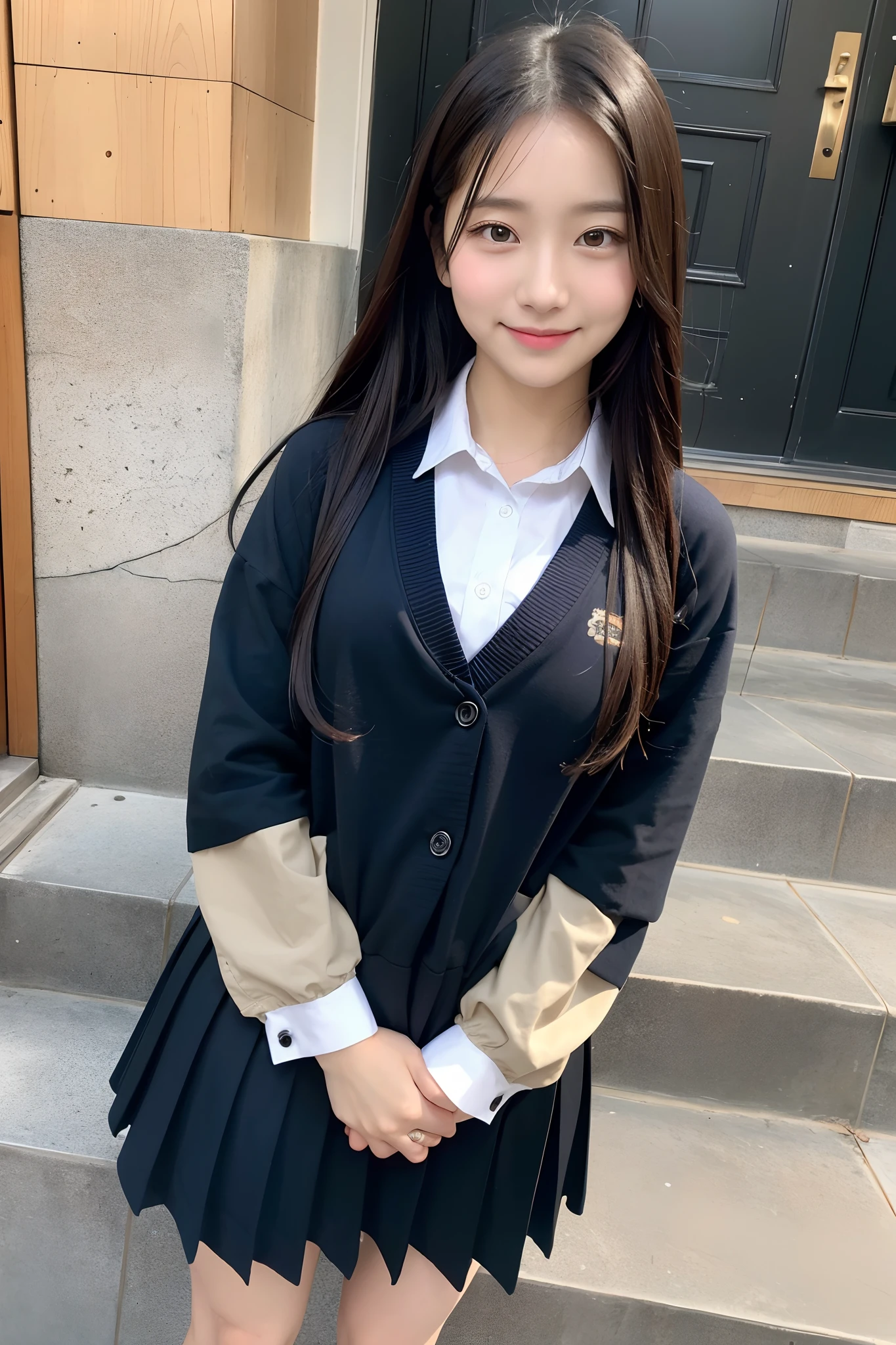 (masutepiece:1.3), (8K, Photorealistic, Raw photo, Best Quality: 1.4), Japanese, (1girl in), Beautiful face, (Realistic face), (Black hair), Beautiful hairstyle, Realistic eyes, Beautiful detailed eyes, (Realistic skin), Beautiful skin, Attractive, 超A high resolution, A hyper-realistic, Highly detailed, Golden ratio,School uniform.)、1girll、cute little、A smile、a closed mouth、Beautiful details、Beautiful nose in every detail、full body Esbian、wetting hair、Colossal Dalsepho、pork meat、student clothes、thighs thighs thighs thighs