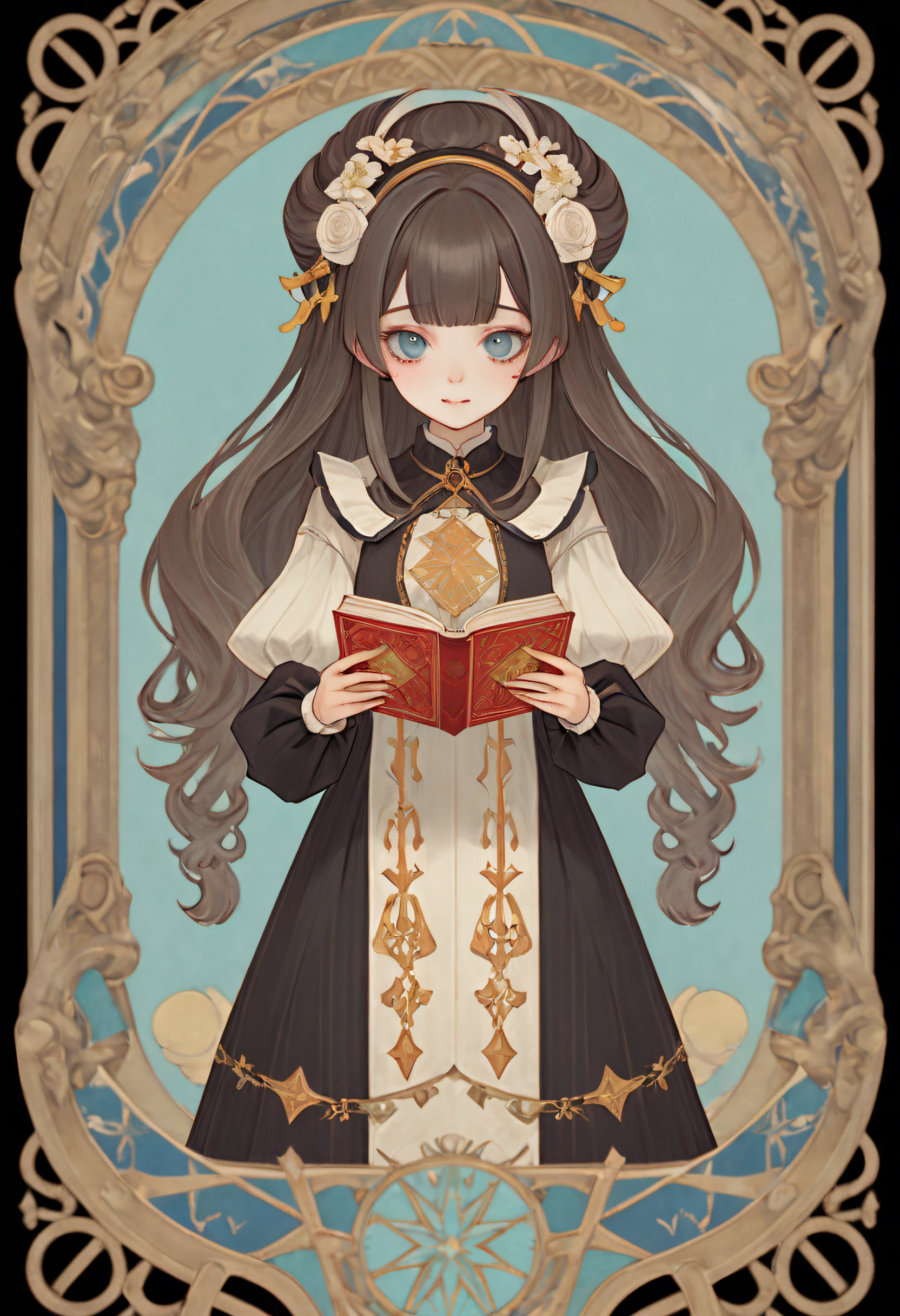 1 ***********s, Holding a book, ****ta costume, Full body standing painting, (((独奏))), Clear facial features, Simple line design, ((tarot card background, symmetric beauty)), perfectly symmetrical, The art of symmetry, Standing drawings of characters, ((flatcolors)), tmasterpiece，top Quority，best qualtiy，超高分辨率, ((Clear facial features，beautidful eyes，beauitful face, Exquisite facial features))