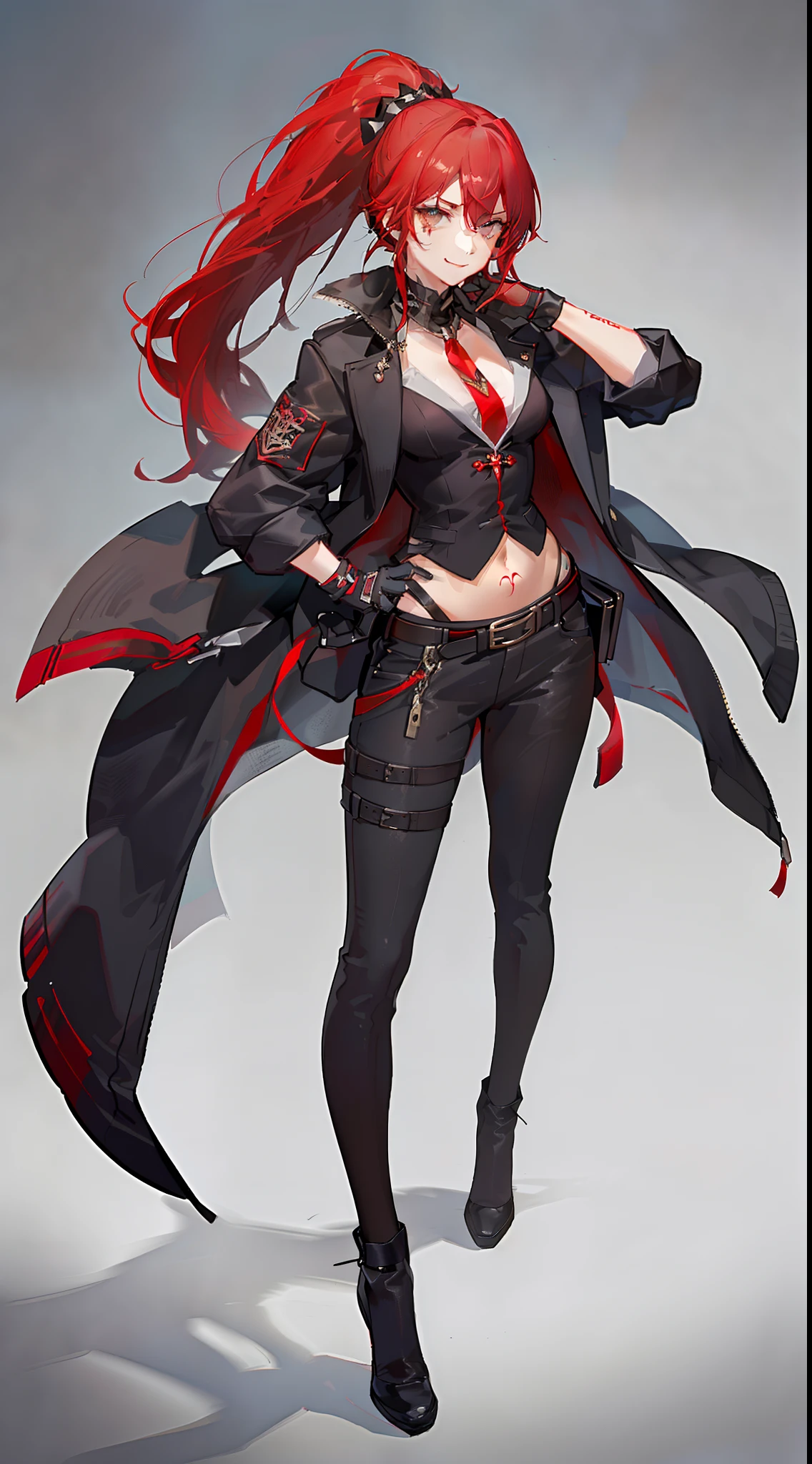 Adult woman, black skin, long purple hair, red eyes, purple top, leather jacket, leather skirt, smirk, open belly, open breasts, black lipstick, Masterpiece, hiquality