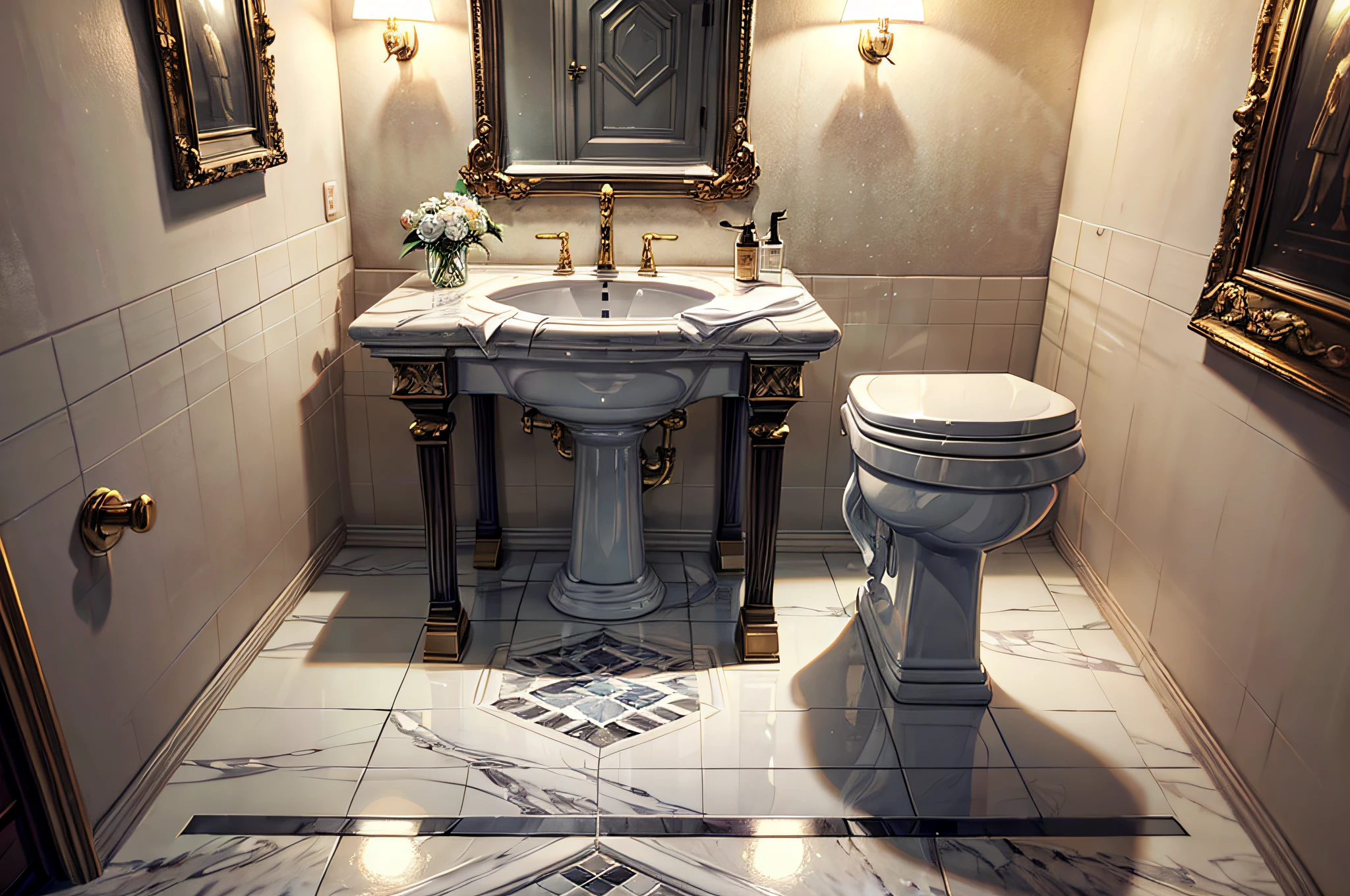 (Masterpiece, best quality, absurdres, 4k), A bathroom, Marble walls, golden trim, soft lighting, crystal-clear faucet, plush towels, deep bathtube,porcelain sink,ornate mirror, toilet, expensive, elegant, opulent tiled floor, kaiser Empire style, long distance shot