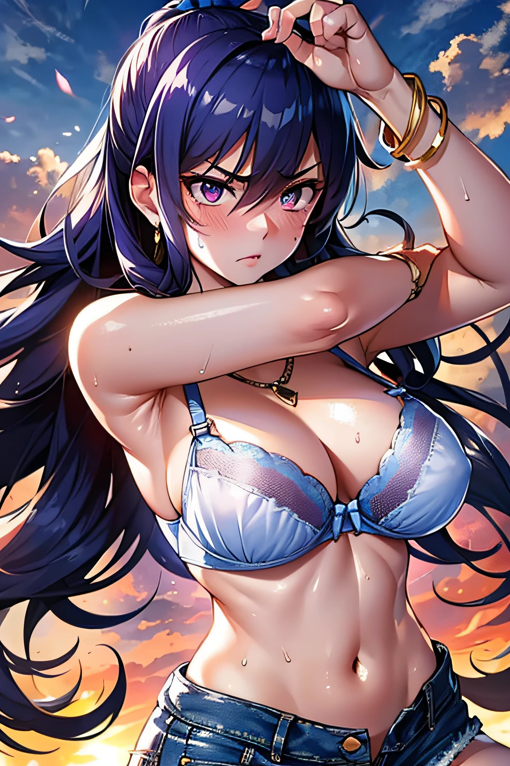 rinko,large breasts,see through nipples, Gorgeous wavy hair,Soft tendril hair,long hair, ponytail,blue hair, hair between eyes, sidelocks, purple eyes,(delicate embellishments Gorgeous bra:1.2),navel,(low-rise damaged short denim pant:1.3),no panties,(sweat gleaming skin:1.1), outdoors,sunlight, spotlight effect,bright sky, blue sky with clouds,strong wind, (colosseum),(highres, high quality:1.1), intricate details, cinematic lighting, 1girl,(red blush,angry),(Gorgeous Necklace,jewelry, bracelet),(dynamic fighting pose:1.2),dynamic angle,from below