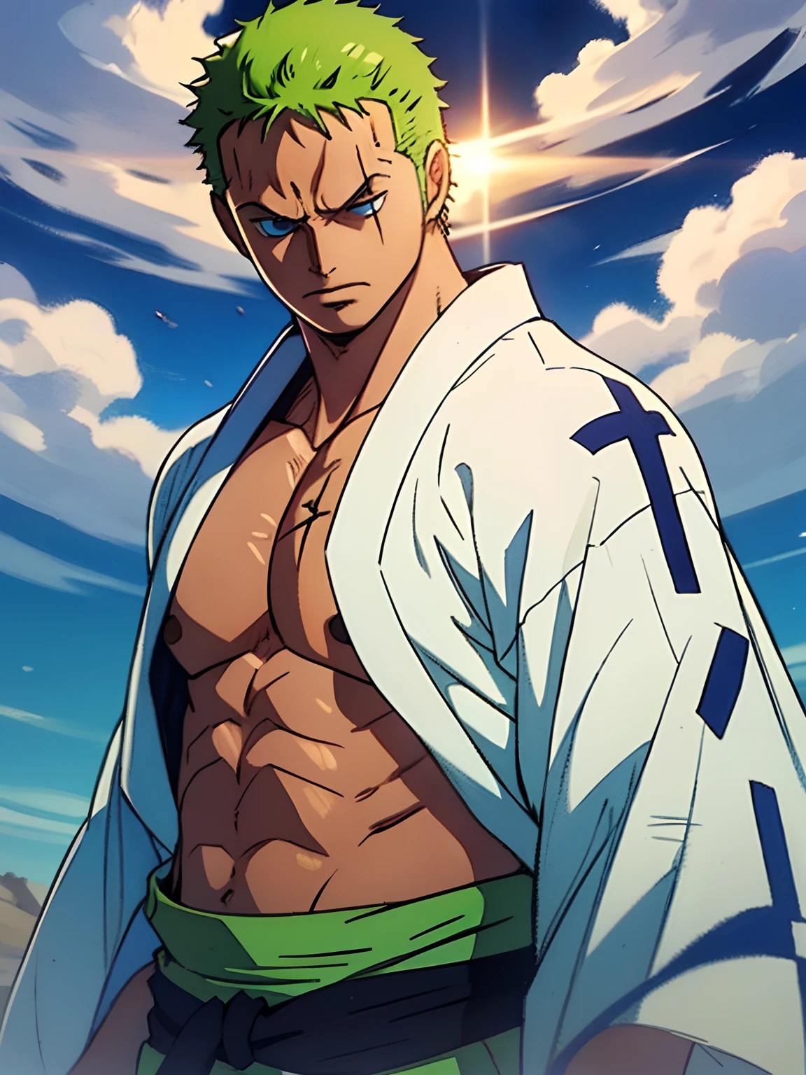 Roronoa Zoro (Masterpiece, 4k resolution, ultra-realistic, very detailed), (Theme of white samurai, charismatic, there is a swordsman with arms crossed next to a Japanese "isakaya" bar, wearing a blue kimono with cloud details on the "obi" track, he is commander of the first division of the leader of the mugiwara band, work "One Piece"), [ ((19 years), (short green hair:1.2),  full body, (blue eyes:1.2), ((Roronoa Zoro's cross plate pose), show of force, unsheathing his katana), ((Japanese rural environment):0.8)| (rural landscape, at dusk, dynamic lights), (blinded sun))]. # Explanation: Prompt mainly describes a 2164×1563 painting of ultra-high definition, very realistic, very detailed. It shows a swordsman, master of the Santoryu style of katanas, wearing a blue kimono with cloud details at the waist band. The subject in the painting is a subject of a white swordsman, holding with one hand his black katana enma, the male protagonist has short green hair, is 19 years old and his entire defined body is shown in the painting, with characteristics of pumped endomorph.