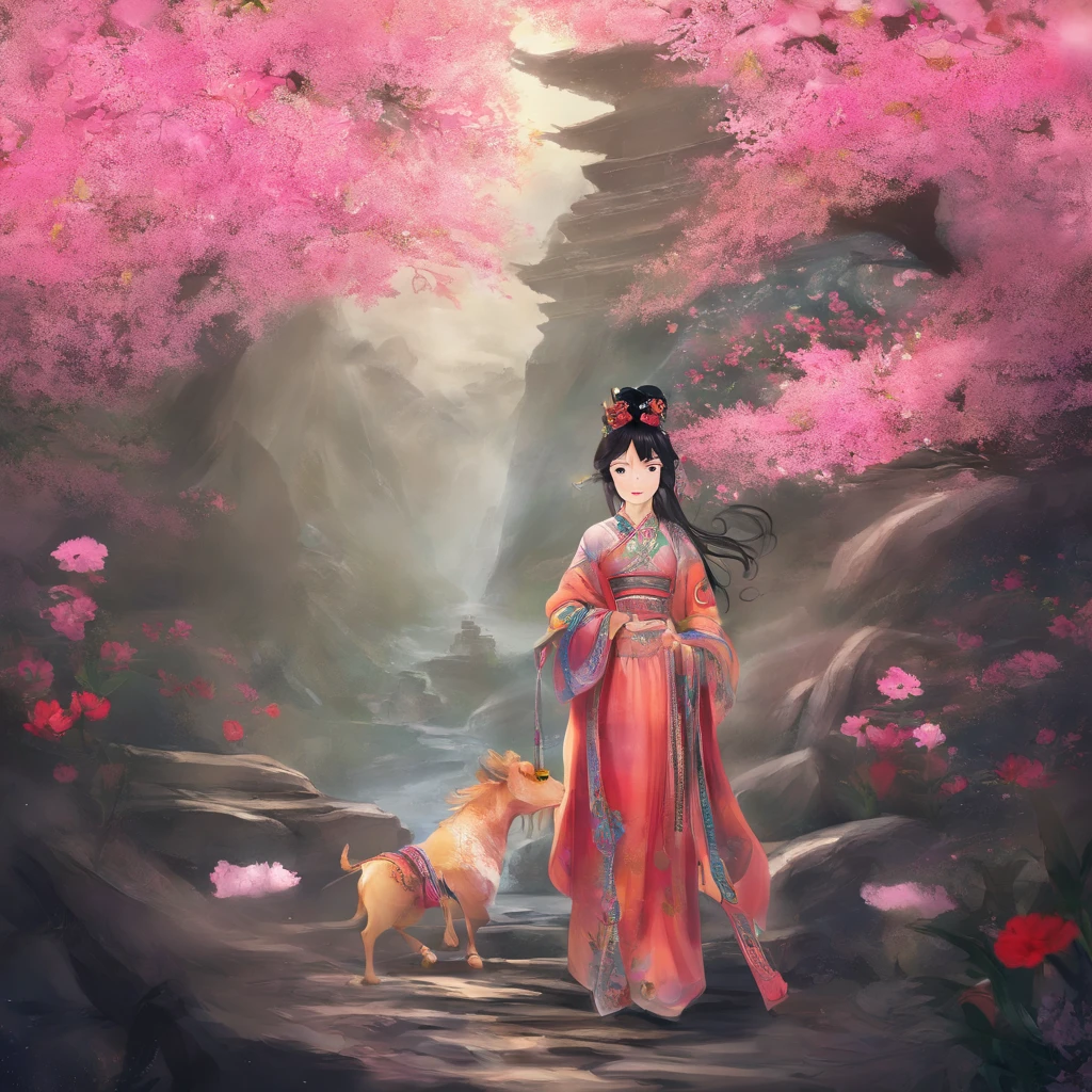 A Zhuang girl,Black hair,with a round face,largeeyes,The mouth smiles,She went up the mountain road,Climb tirelessly。When she reached the top of the mountain,A magnificent sight unfolded before her eyes。At the top of the hill stands a glittering golden temple,The flowers walk into the temple,See a stunning statue of the Bull King。