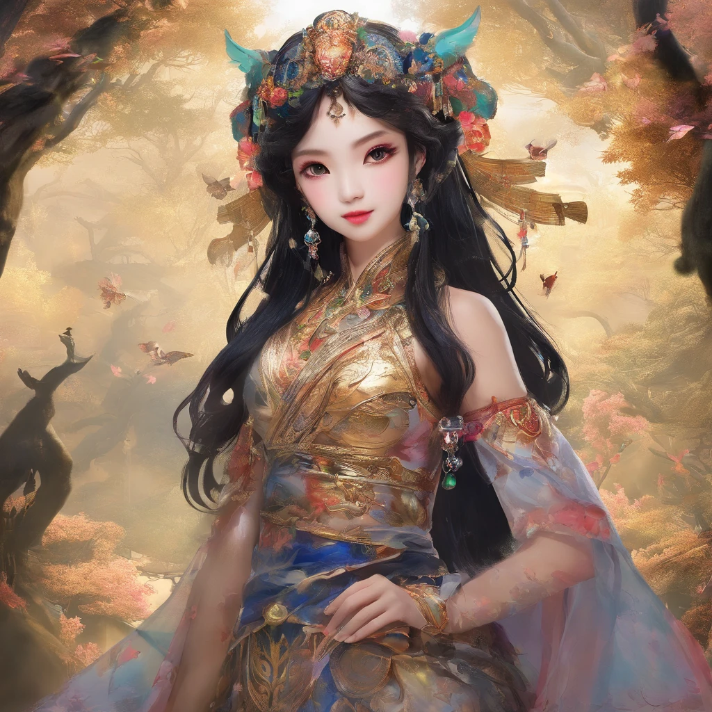 A Zhuang girl,Black hair,with a round face,largeeyes,The mouth smiles,She went up the mountain road,Climb tirelessly。When she reached the top of the mountain,A magnificent sight unfolded before her eyes。At the top of the hill stands a glittering golden temple,The flowers walk into the temple,See a stunning statue of the Bull King。