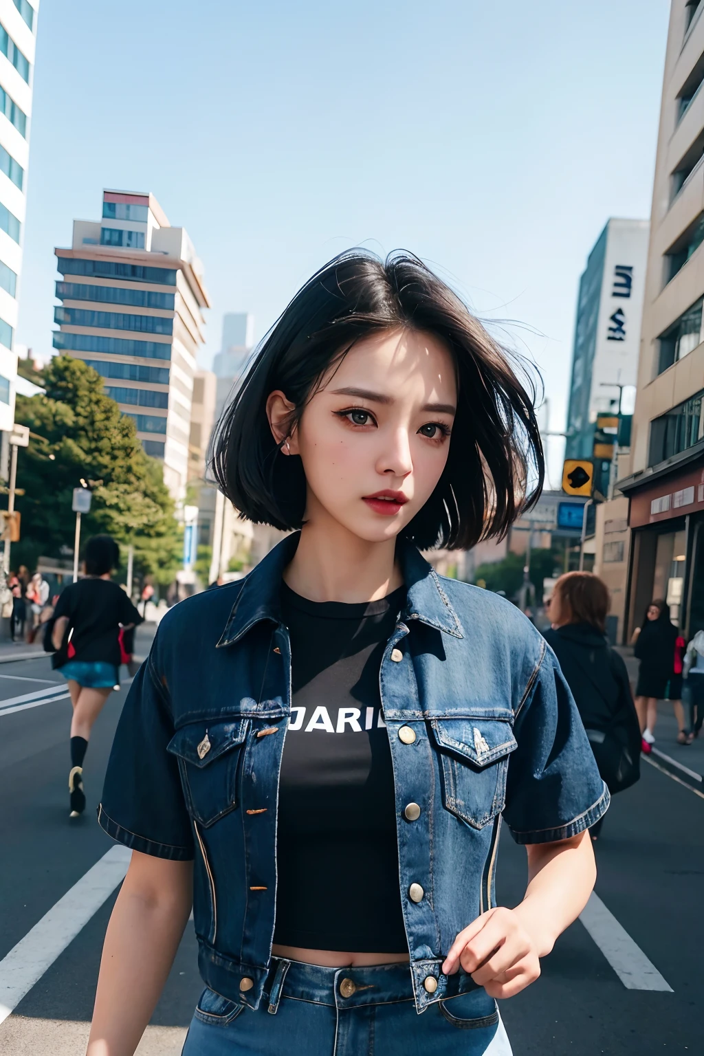 (Forehead, denim jacket, black t-shirt, denim short skirt, scowling, Short hair, Black hair, eyes liner:1.3), (Masterpiece, Best quality, Beautiful quality), (Photorealistic:1.4), (Detailed lighting, Extremely detailed skin, Extremely detailed hair, Shadows, 8K, Jihyo photo, 1girll:1.2), view the viewer, (high key lighting), Masterpiece, Top quality, Best quality, offcial art, Unity 8k wallpaper, A high resolution, Ultra-high RES, Ultra-detailed, Beautiful and aesthetic, upper body, perfect hands, perfect eyes, running, fighting, city background