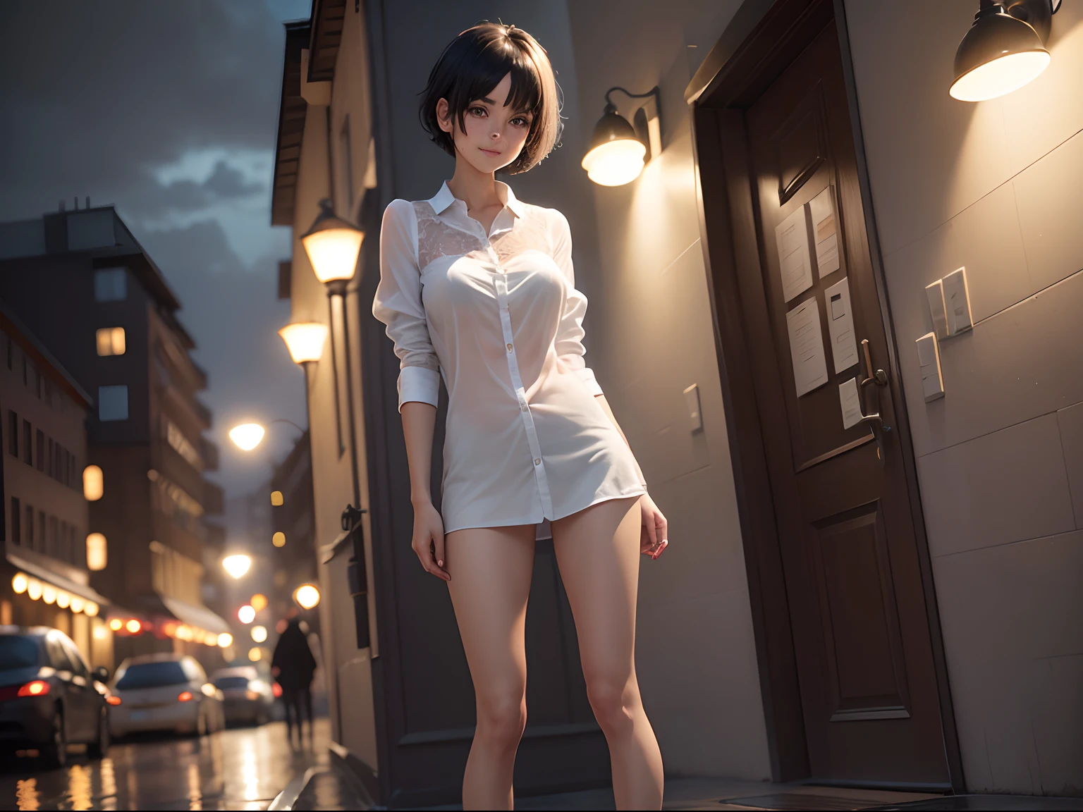 (8K, Best Quality, masutepiece:1.2), (Realistic, Photorealsitic:1.37), Ultra-detailed,((( 1 girl))),Solo,Beautiful detailed sky,Detailed Cafe,Night,Sitting,Dating,(nose blush),(Smile:1.15),(Closed mouth) Small breasts,very skinny legs,Beautiful detailed eyes,(Shirt:1.1), Night, Wet, Rain,White lace, (Short hair:1.2),Floating Hair NovaFrogStyle, ((Full body)),to stand, Sexy, Cute,Short black hair,