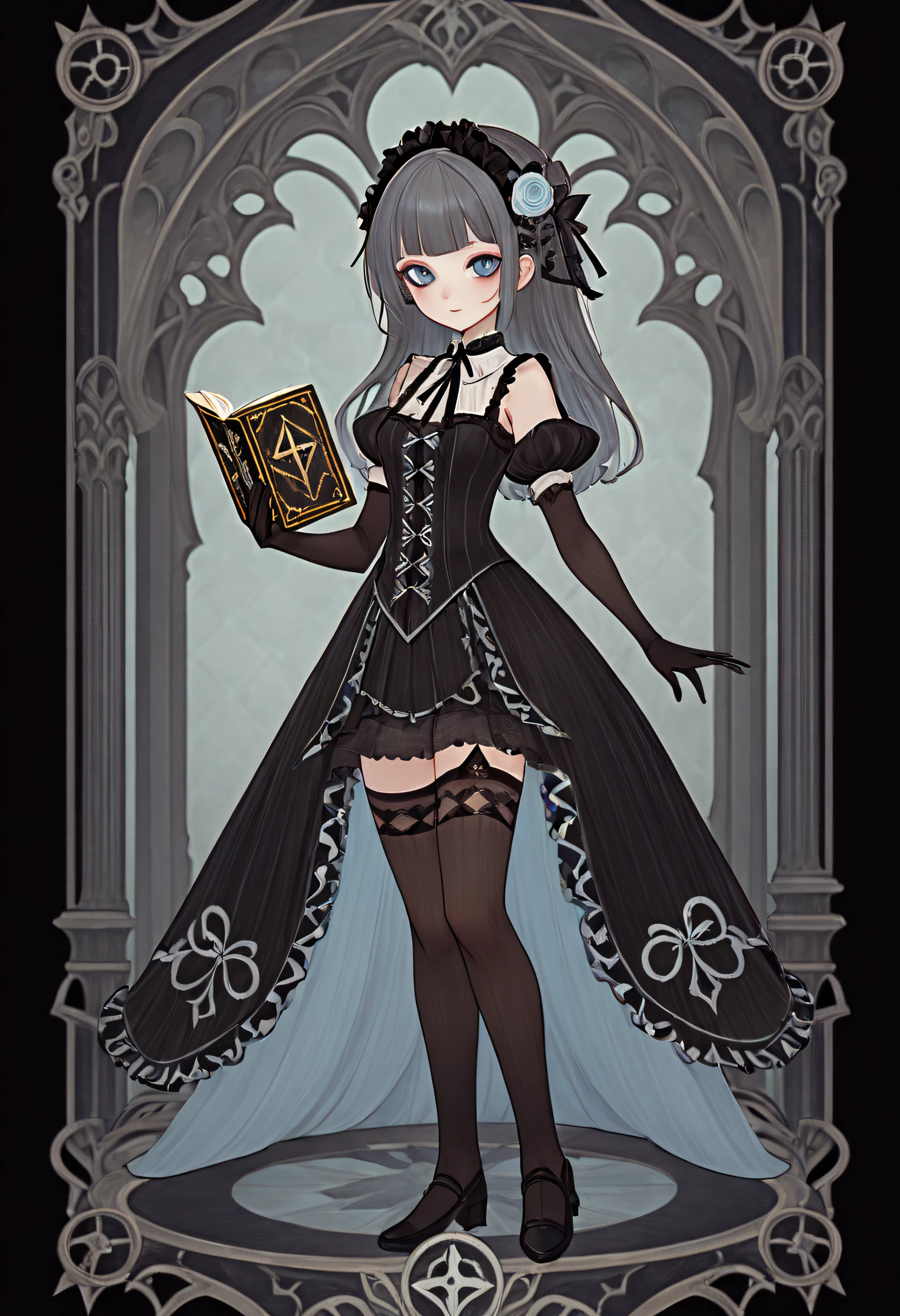 1 ***********s, Holding a book, Gothic ****ta costumes, Full body standing painting, (((独奏))), Clear facial features, Simple line design, ((tarot card background, symmetric beauty)), perfectly symmetrical, The art of symmetry, Standing drawings of characters, ((flatcolors)), tmasterpiece，top Quority，best qualtiy，超高分辨率, ((Clear facial features，beautidful eyes，beauitful face, Exquisite facial features))