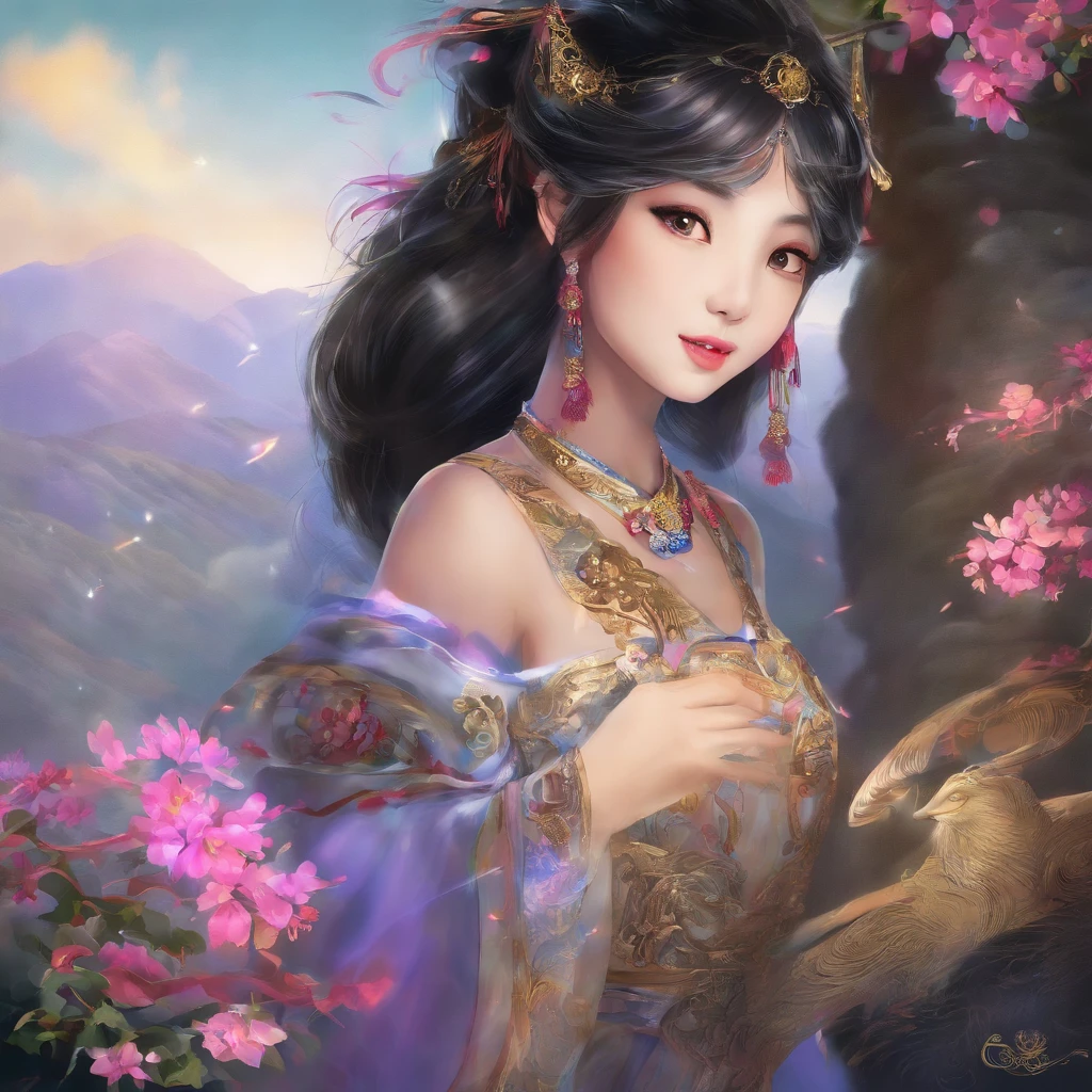A Zhuang girl,Black hair,with a round face,largeeyes,The mouth smiles,She walked up the mountain road,Tireless climbing。When she reached the top of the mountain,A magnificent sight unfolded before her eyes。At the top of the hill stands a glittering golden temple,She walked into the temple,Admire the amazing statue of the Ox King。