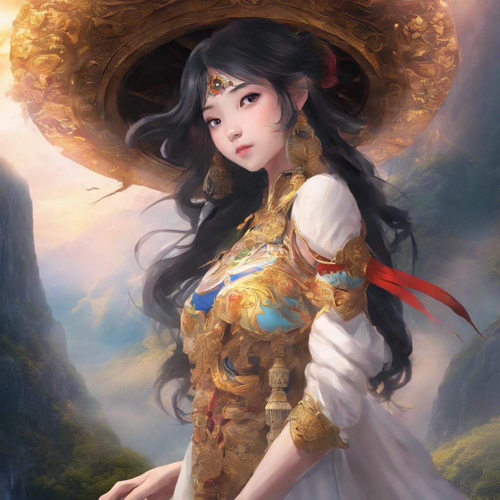 A Zhuang girl，Black hair，with a round face，largeeyes，The mouth smiles，She walked up the mountain road，Tireless climbing。When she reached the top of the mountain，A magnificent sight unfolded before her eyes。At the top of the hill stands a glittering golden temple，She walked into the temple，Admire the amazing statue of the Ox King。