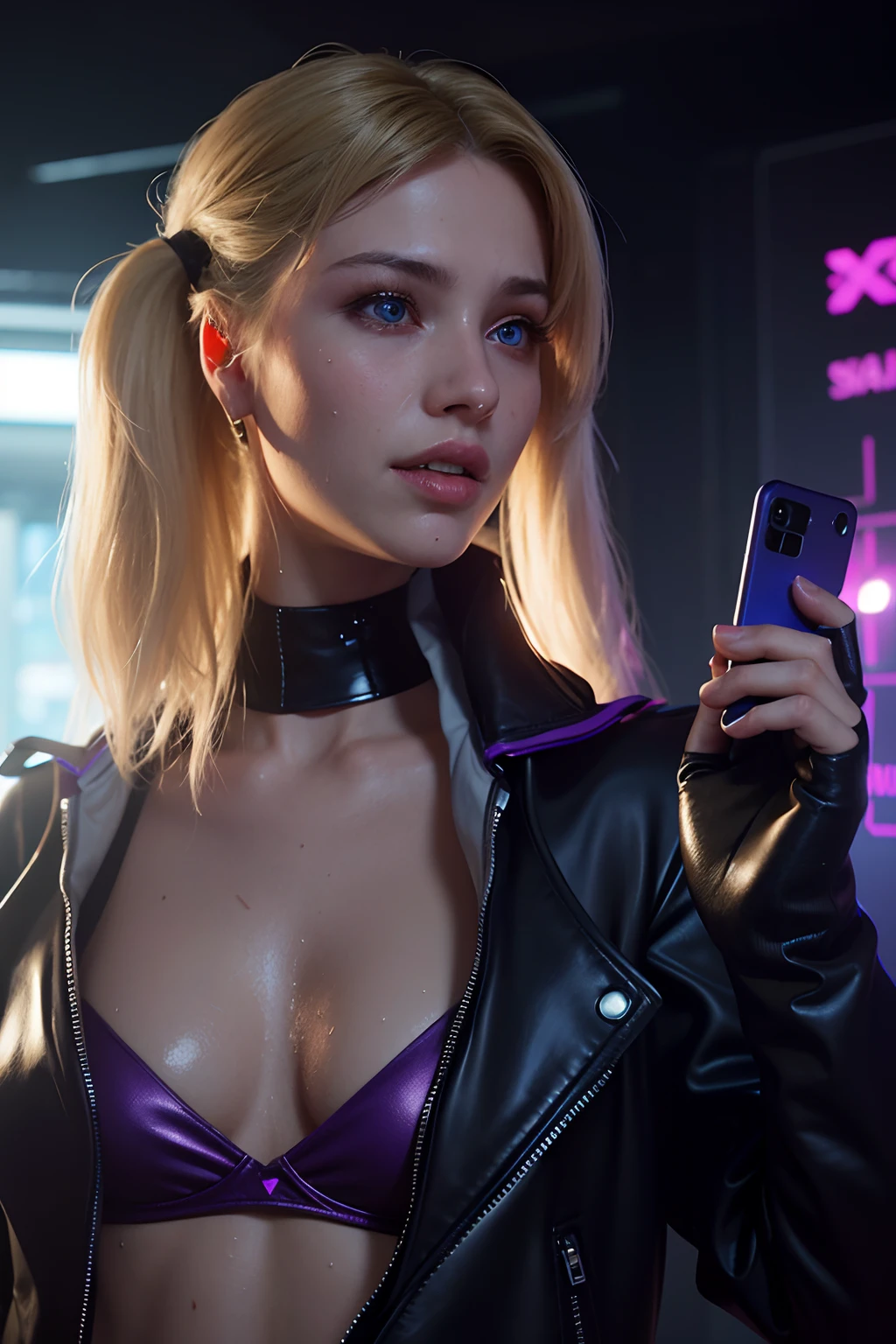 a young girl ,with a cute face,cyberpunk 2077 , Blonde both side ponytails, blue eyes, dark purple biker jacket in dark purple bra,Sweaty, wet,holding phone