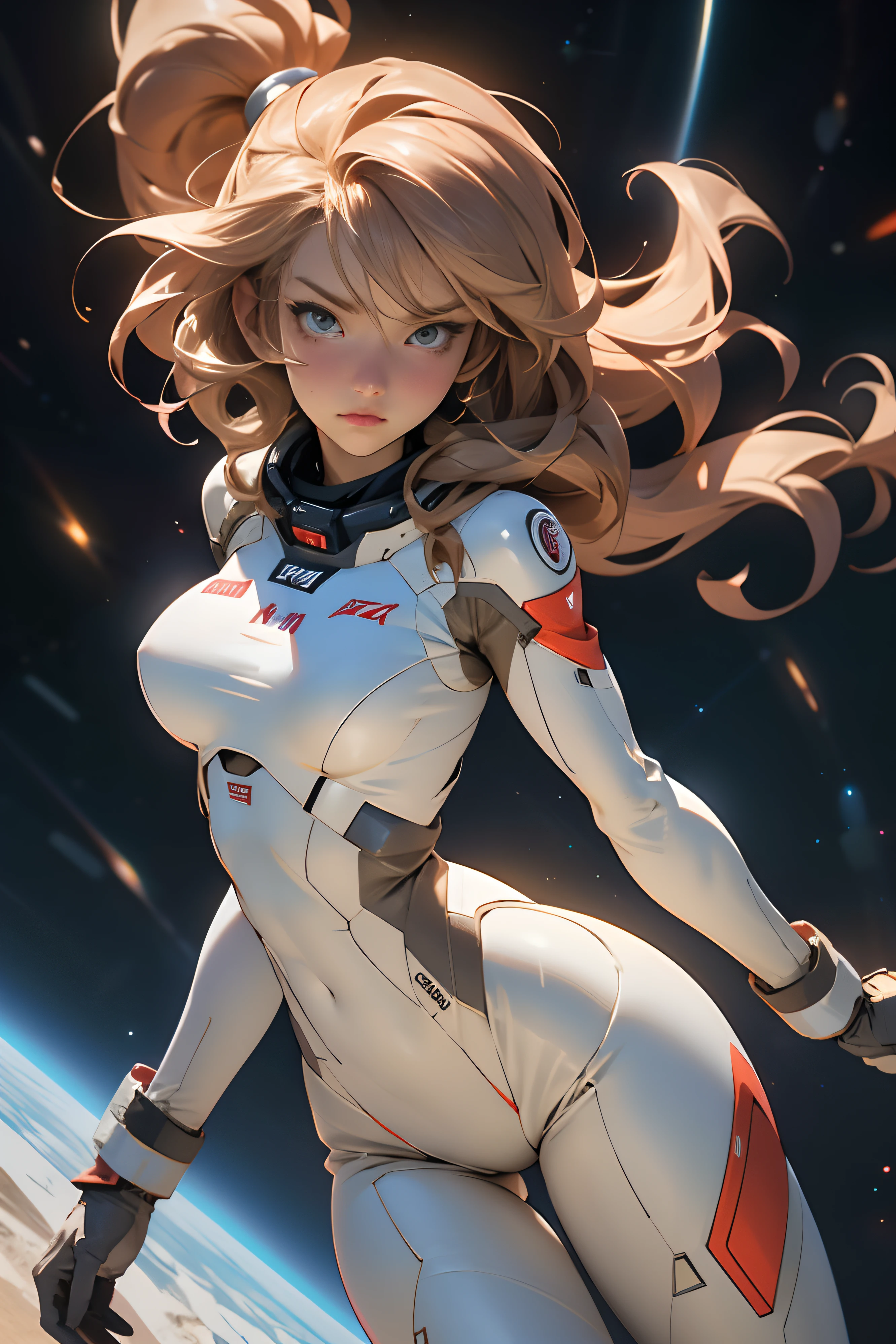 sandy hair fit body large breasts slender thighs slender waist pilot suit solo looking at viewer in space long hair blushing determination, 8k, extreme detail,
