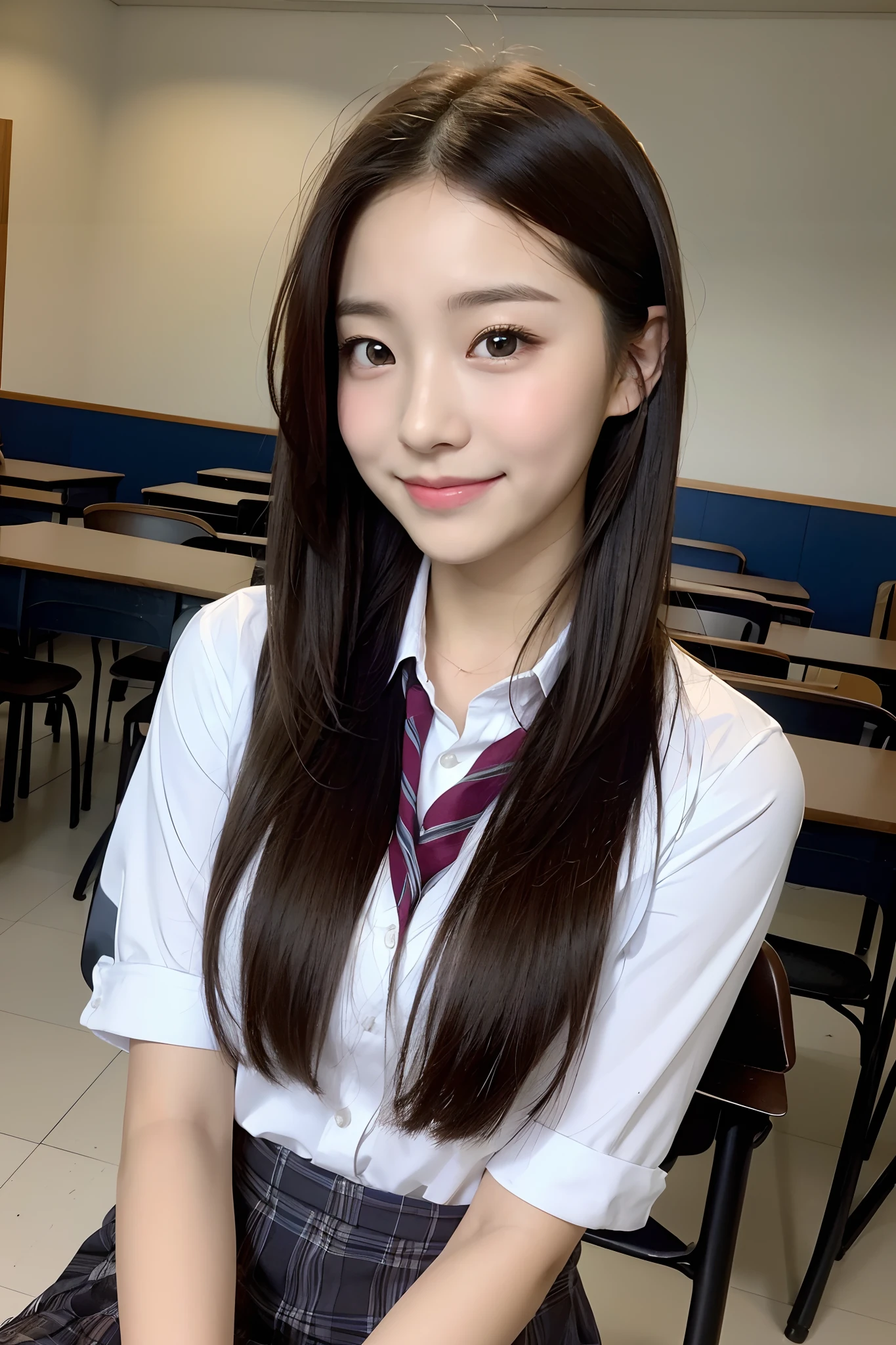 (masutepiece:1.3), (8K, Photorealistic, Raw photo, Best Quality: 1.4), Japanese, (1girl in), Beautiful face, (Realistic face), (Black hair), Beautiful hairstyle, Realistic eyes, Beautiful detailed eyes, (Realistic skin), Beautiful skin, Attractive, 超A high resolution, A hyper-realistic, Highly detailed, Golden ratio,School uniform.)、1girll、cute little、A smile、a closed mouth、Beautiful details、Beautiful nose in every detail、full body Esbian、wetting hair、Colossal Dalsepho、pork meat、student clothes、thighs thighs thighs thighs