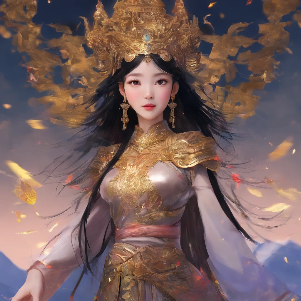 A Zhuang girl,Black hair,with a round face,largeeyes,The mouth smiles,She walked up the mountain,Tireless climbing。When she reached the top of the mountain,A magnificent sight unfolded before her eyes。At the top of the hill stands a glittering golden temple,She walked into the temple,Admire the amazing statue of the Ox King。