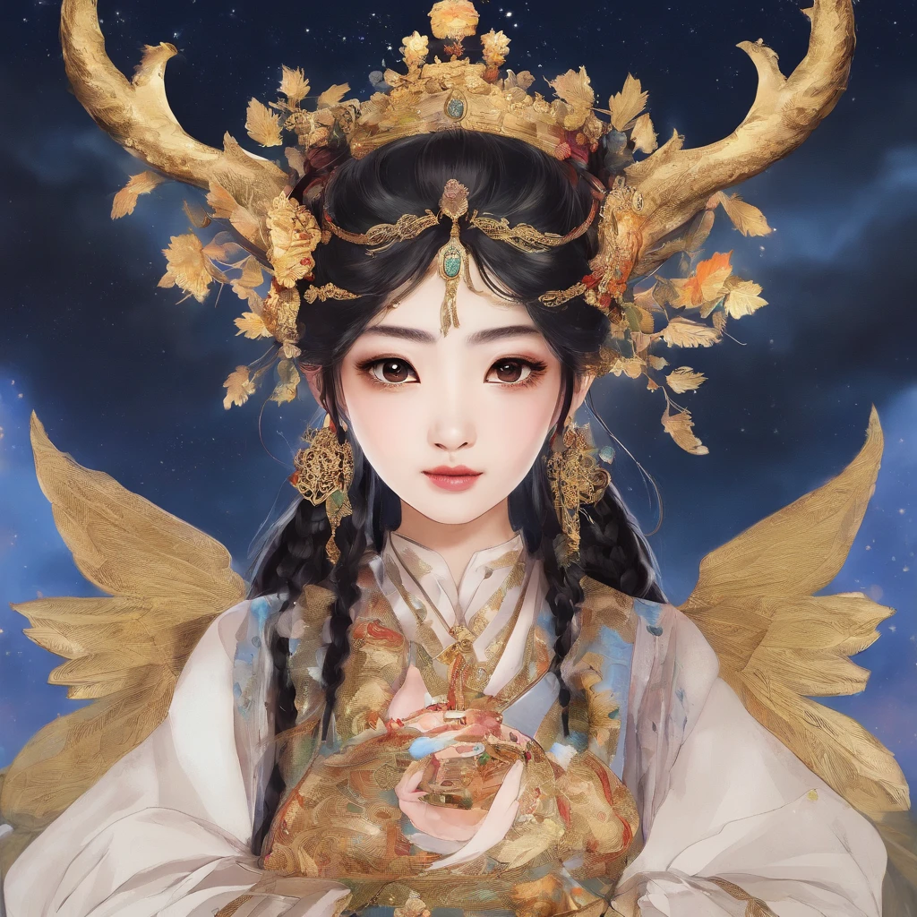 A Zhuang girl,Black hair,with a round face,largeeyes,The mouth smiles,She walked up the mountain,Tireless climbing。When she reached the top of the mountain,A magnificent sight unfolded before her eyes。At the top of the hill stands a glittering golden temple,She walked into the temple,Admire the amazing statue of the Ox King。