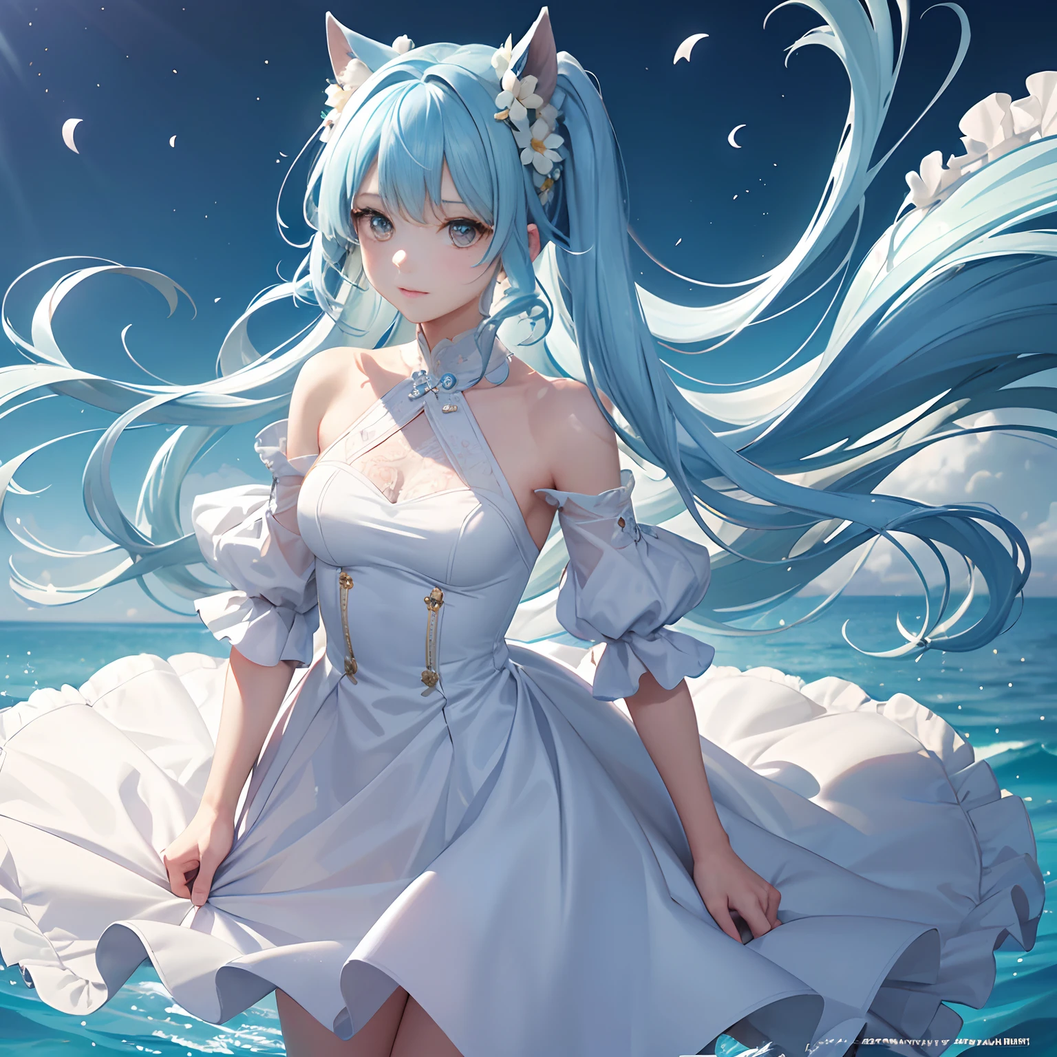 A cat-eared girl(Pure and beautiful),Mythical texture。 Wearing a transparent dress in white silk(White in red,Key points reflected)Expression setting joy,infatuation 。Action settings:in a standing posture,Turn around and look back at the camera(dream) Official image quality。Background settings:Underwater world(Jellyfish surround the character,and the Tyndall effect of sunlight penetrating the seafloor)