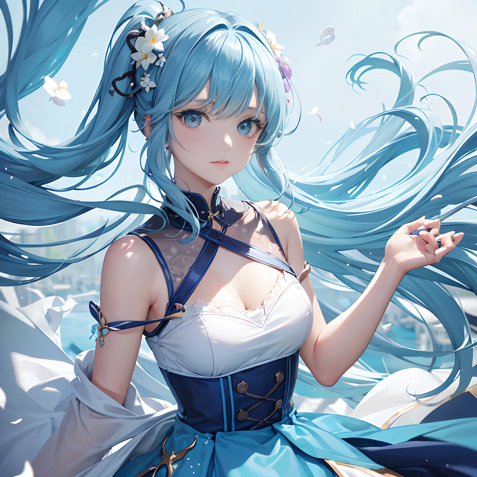 masterpiece,bestquality,(masterpiece),naturalforest,fog,depthoffield,(alotofwaterdropparticles),((alotofglowingparticles:)),(flying)white(feathers),sunlight,extremelydetailedbackground,amazing,extremelydelicateanddetailed,hatsunemiku,petite,smallbreasts,turquoiseeyes,turquoisehair,verylonghair,twintails,(messyhair:1.1025),alotofhair,floatinghair,extremelydetailedhair,extremelydetailedface,whitedress,extremelydelicateddress,lookatyou,(armsbehindback),(cowboyshot)